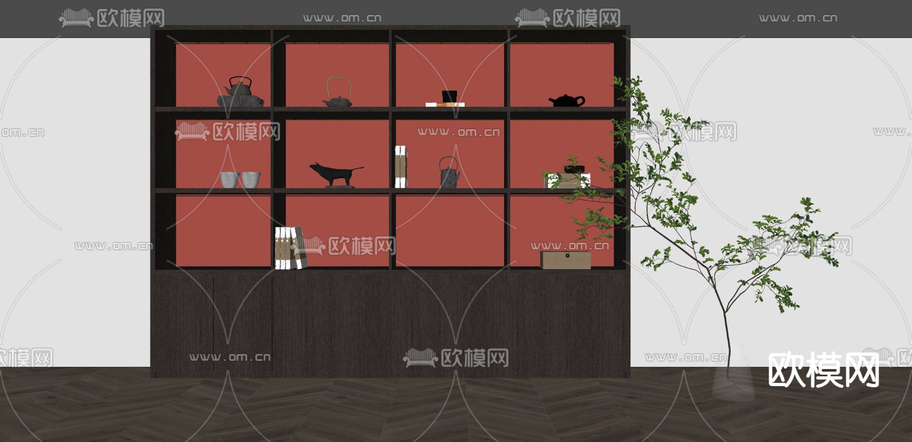 新中式实木书柜su模型下载（渲染图2）