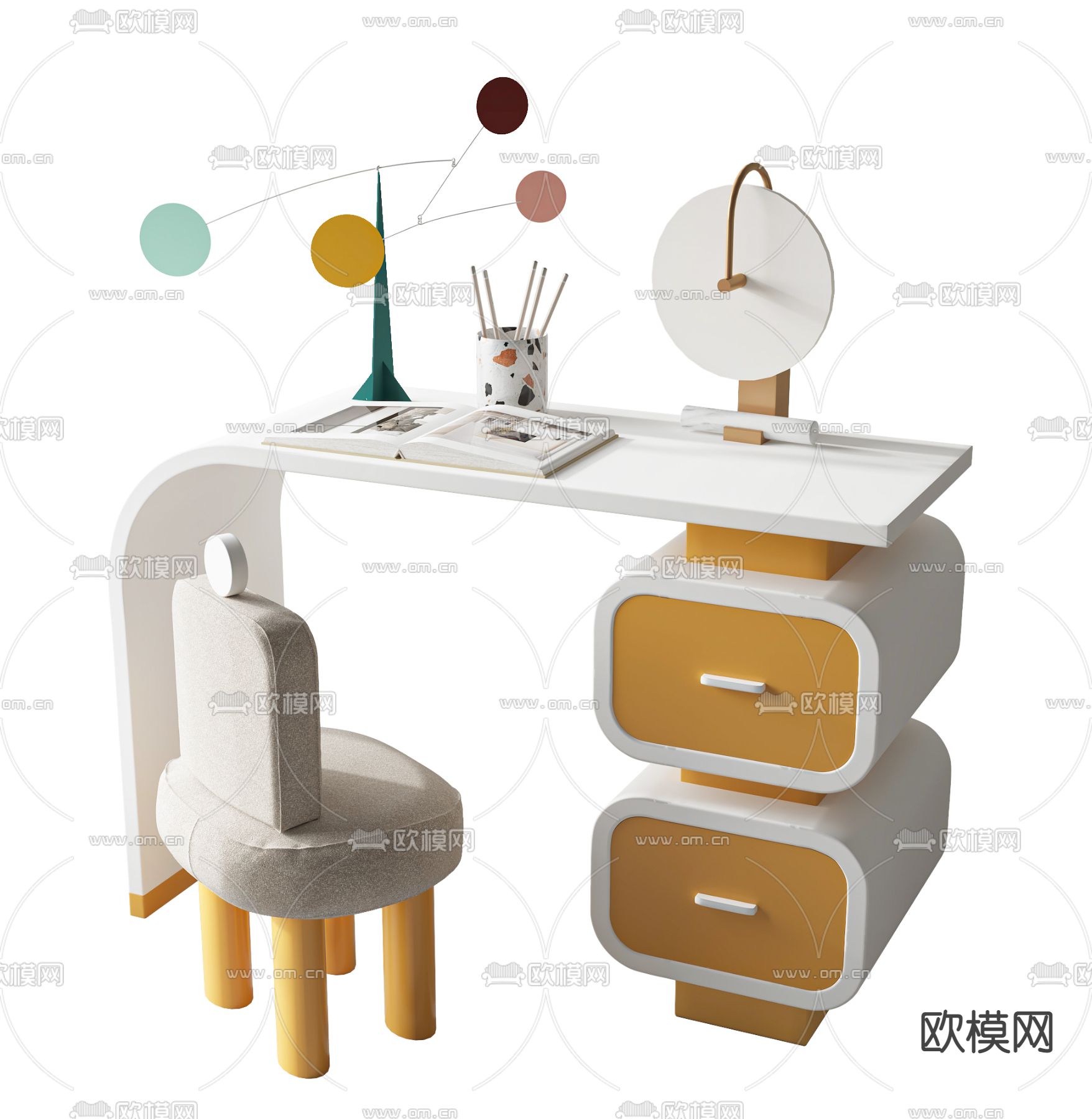 现代儿童书桌椅3d模型下载（渲染图2）