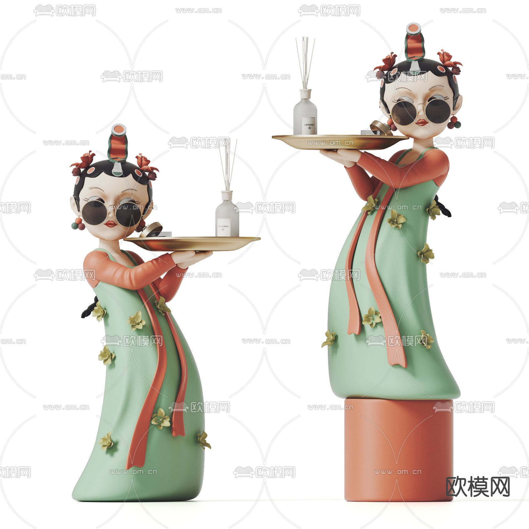 新中式国潮京剧女孩托盘3d模型下载