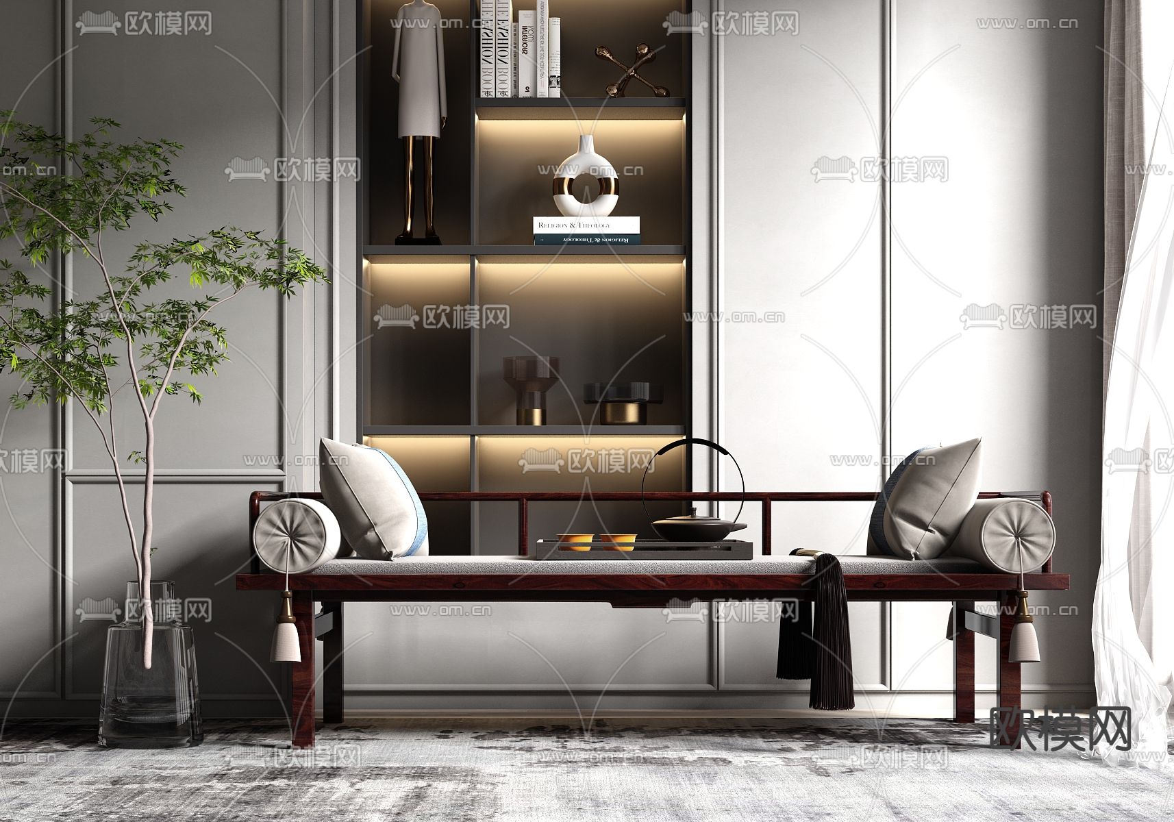 新中式床尾凳贵妃椅su模型下载（渲染图1）