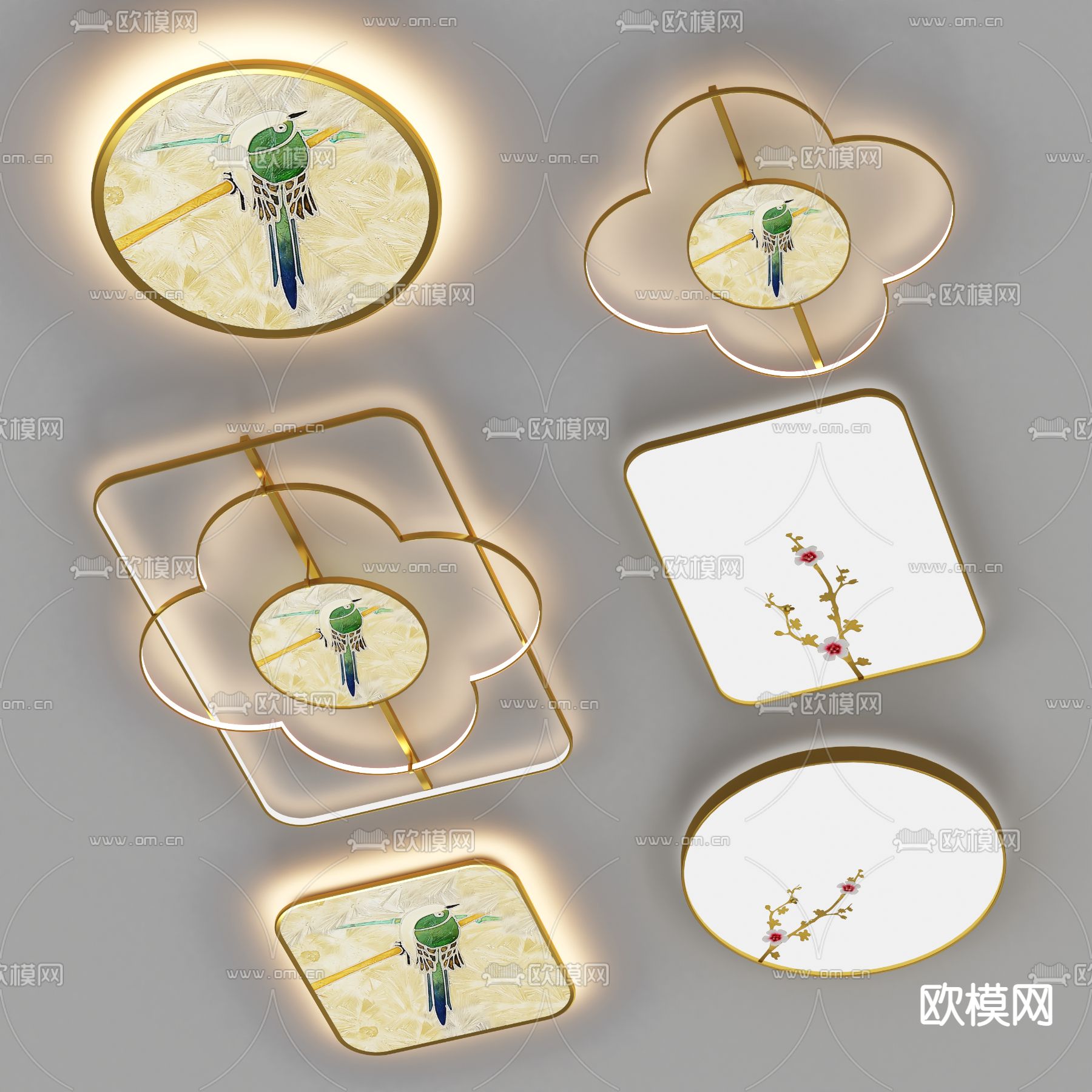 新中式花鸟吸顶灯3d模型