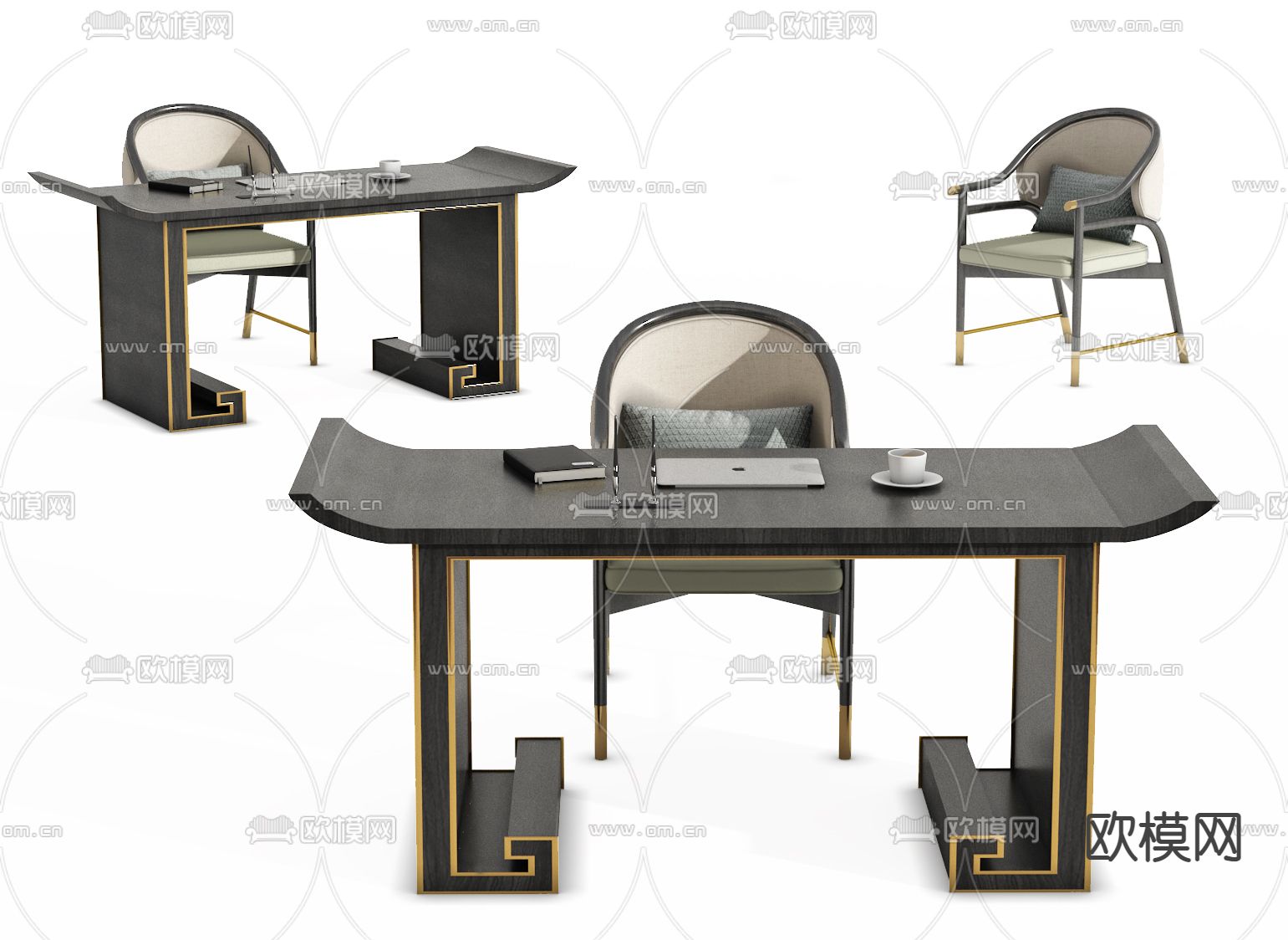 新中式办公桌椅su模型下载（渲染图1）