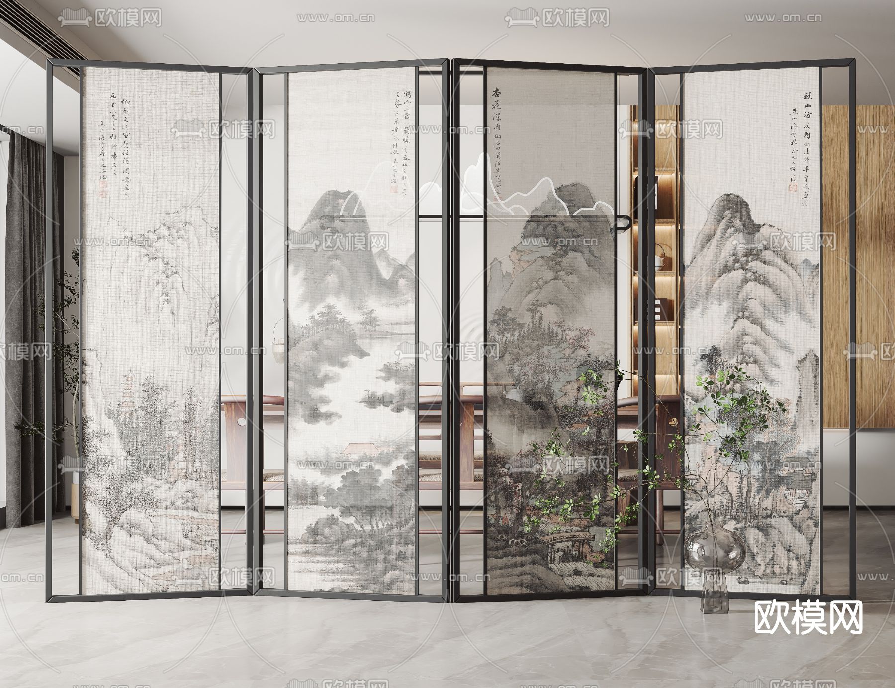 新中式水墨隔断屏风3d模型下载
