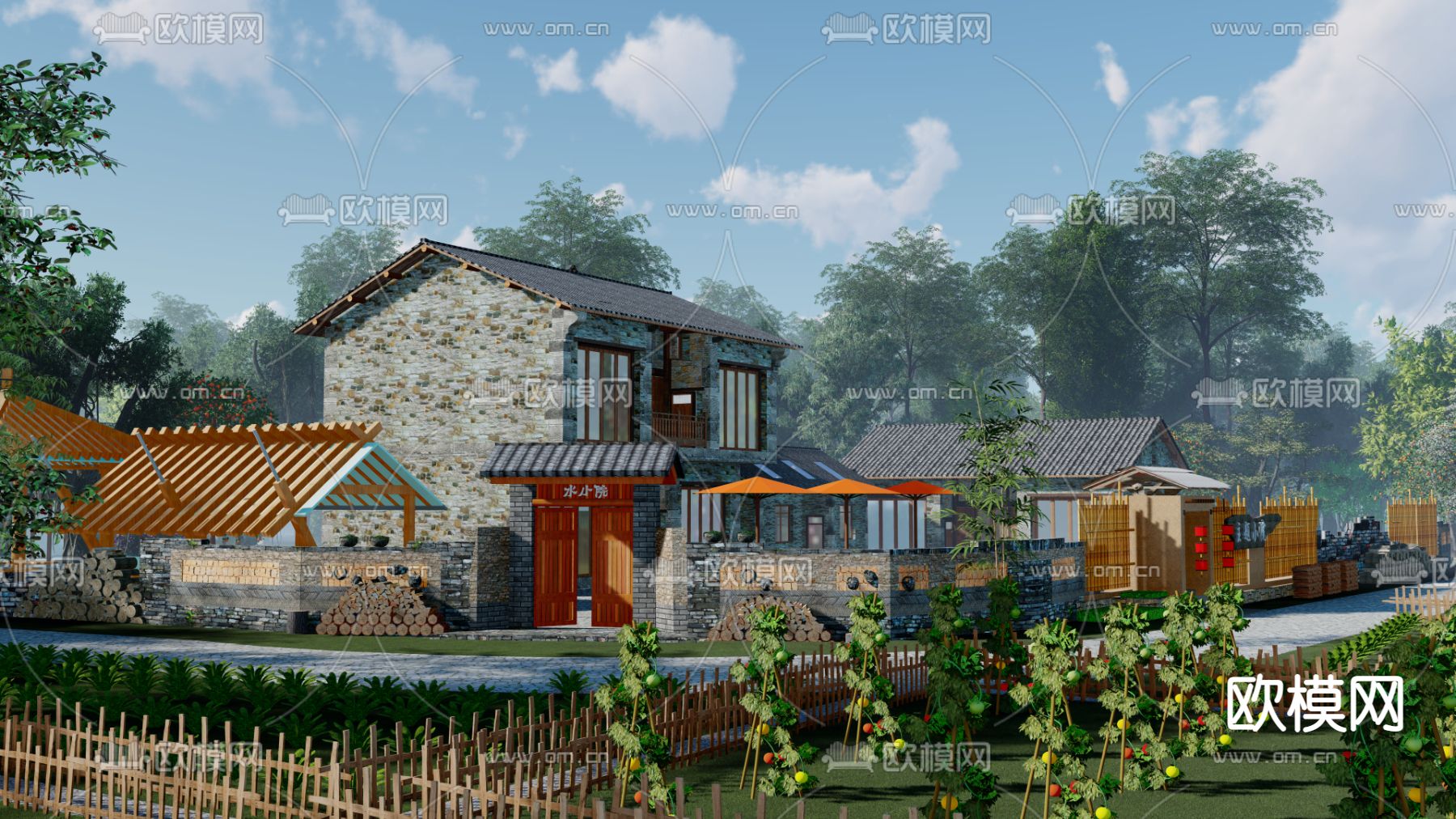 中式美丽乡村su模型下载（渲染图2）