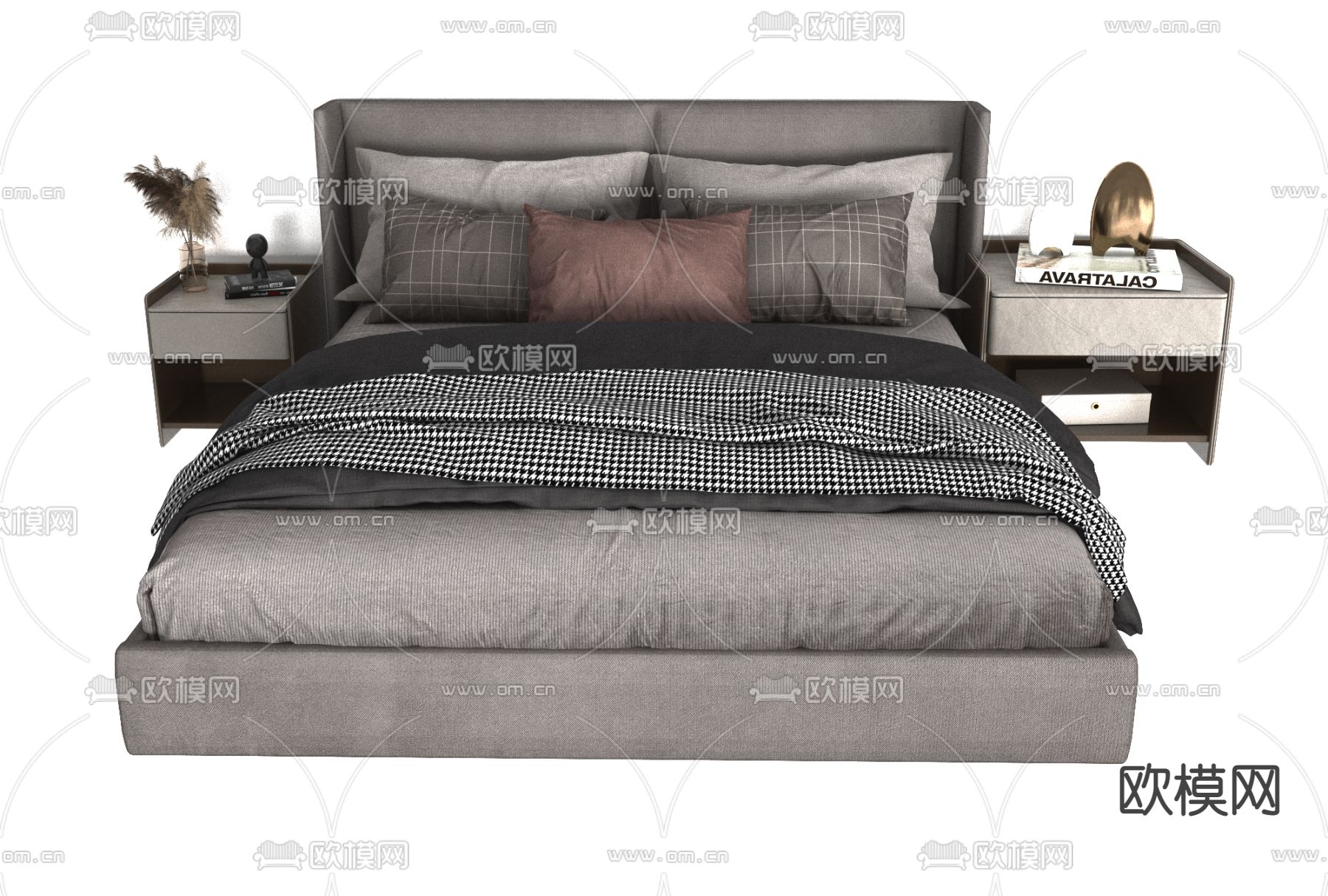 现代布艺双人床免费3d模型下载