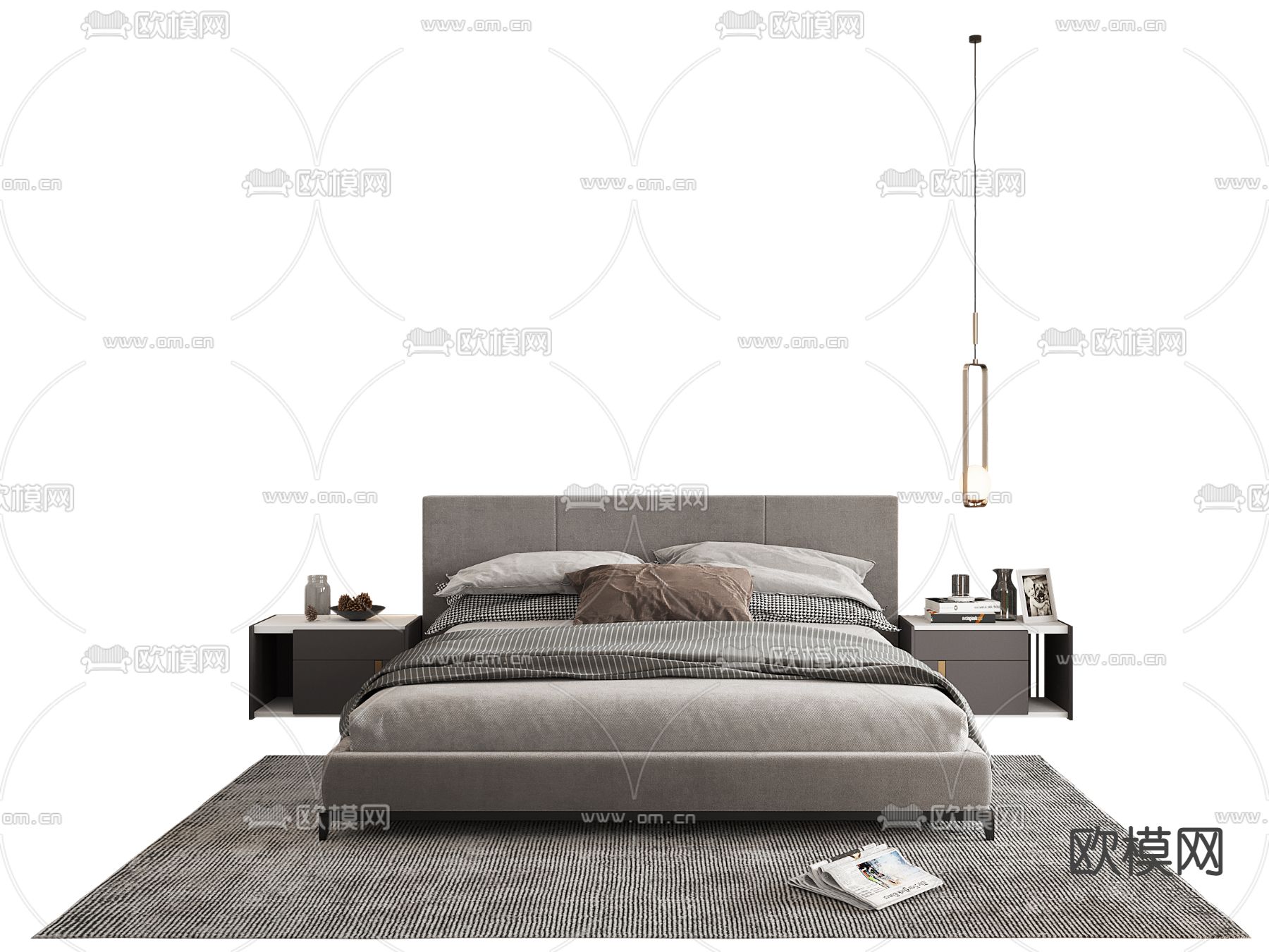 现代布艺双人床su模型下载（渲染图1）