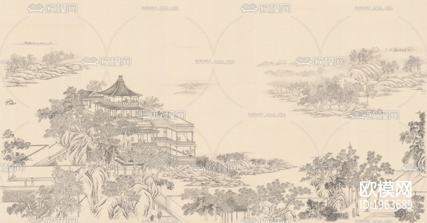 新中式立体精雕墙纸下载（渲染图4）