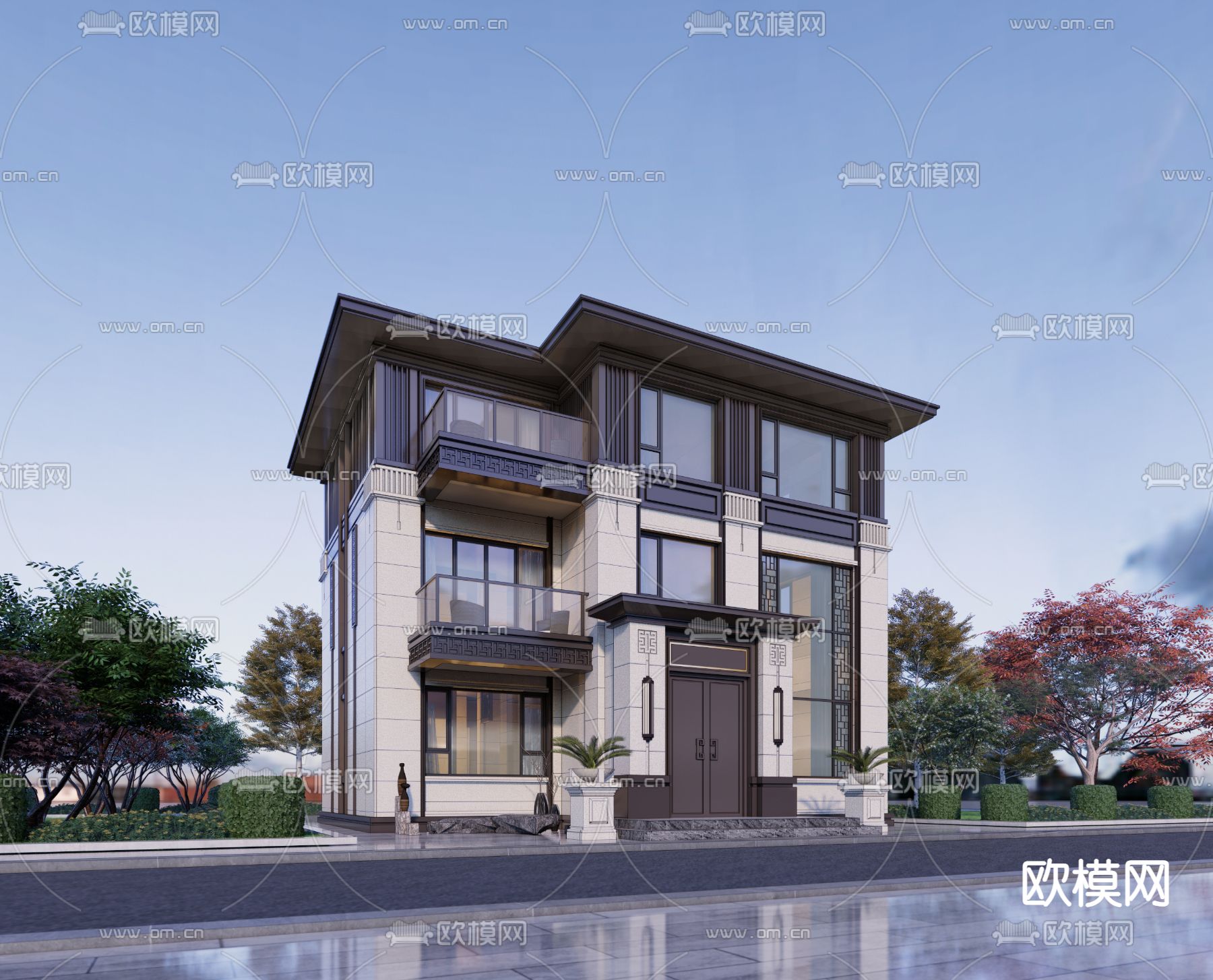 新中式独栋别墅外观su模型下载（渲染图2）