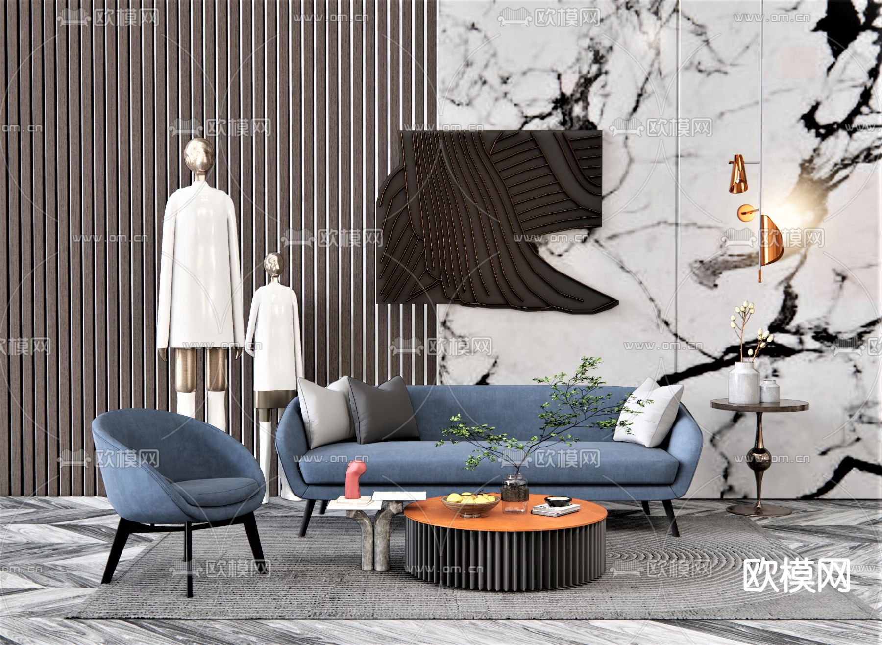 北欧布艺双人沙发su模型下载（渲染图1）