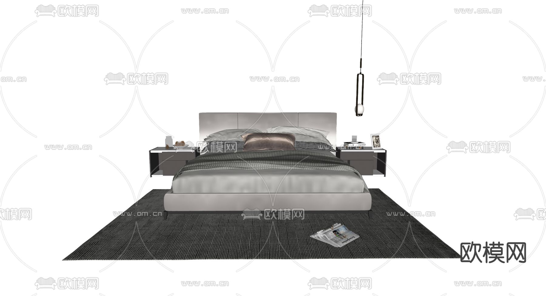现代布艺双人床su模型下载（渲染图2）