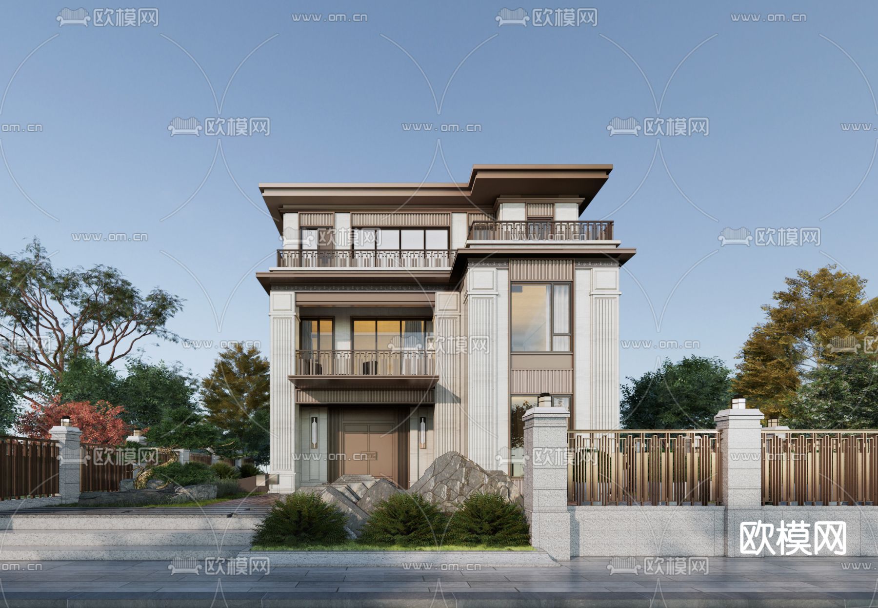 新中式独栋别墅外观su模型下载（渲染图4）