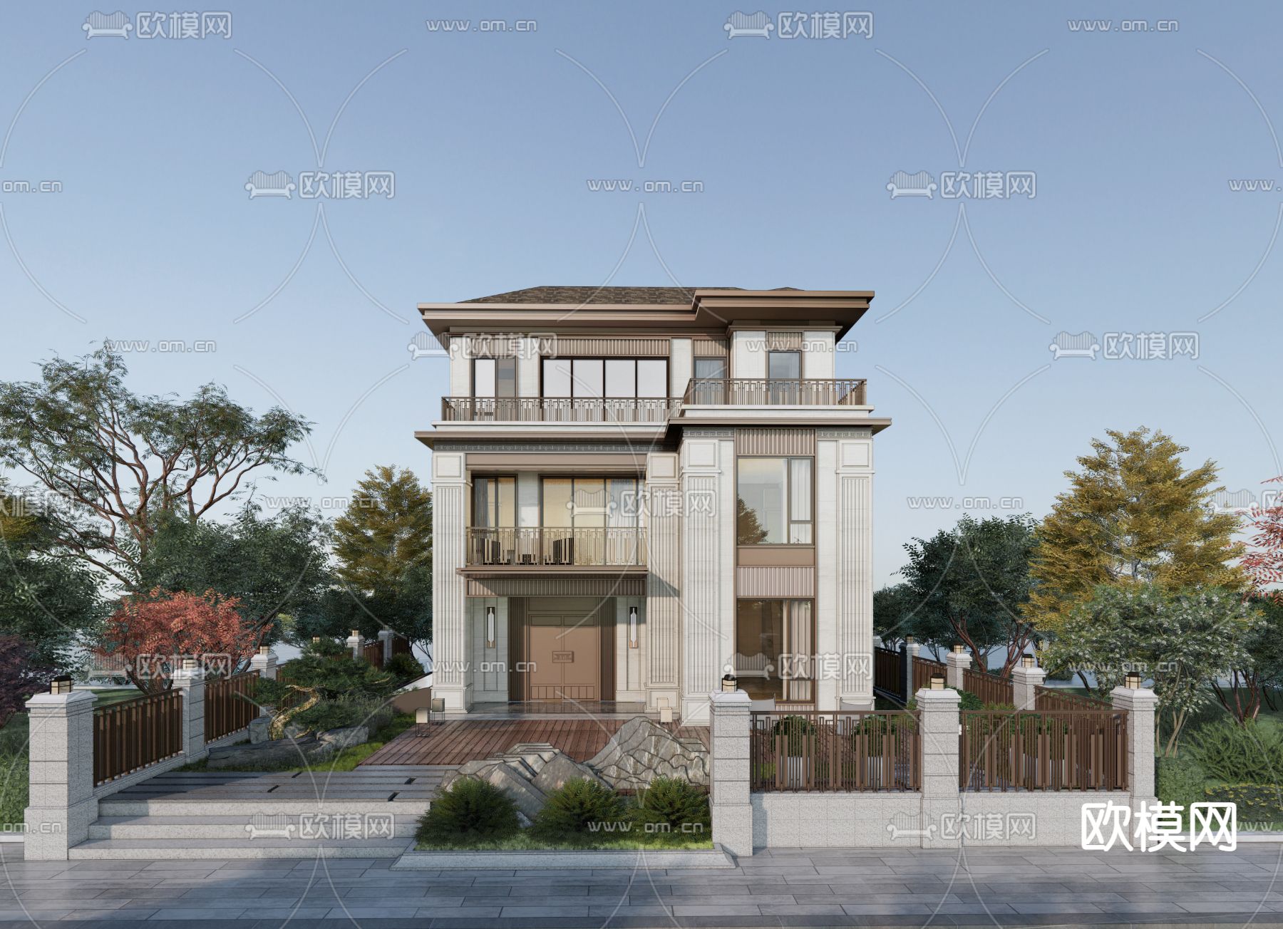 新中式独栋别墅外观su模型下载（渲染图1）