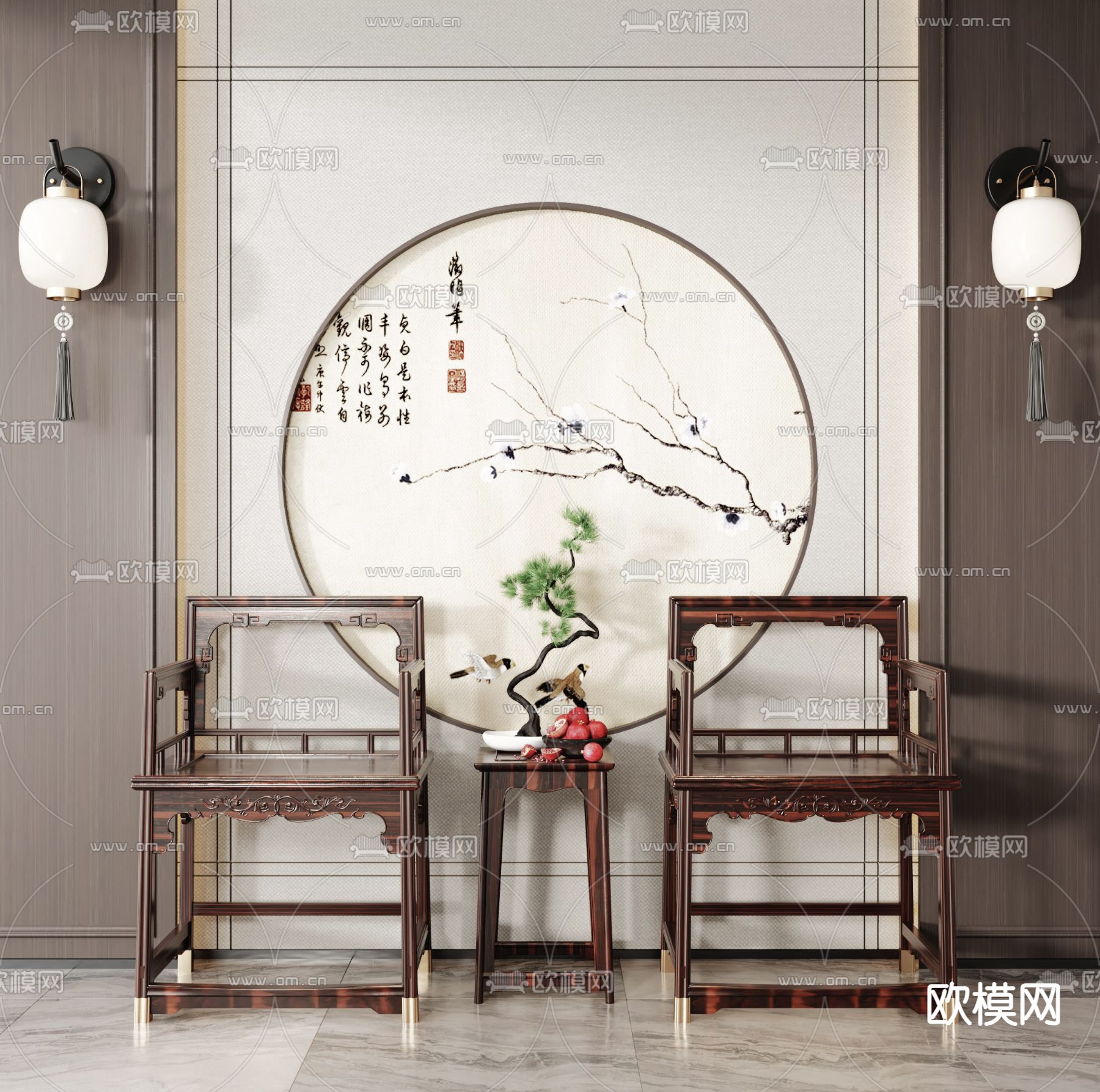 新中式实木太师椅su模型下载（渲染图1）