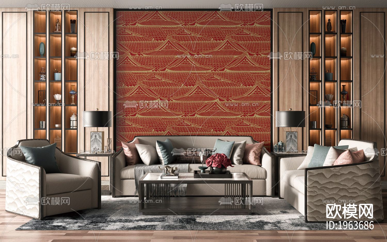 新中式立体精雕墙纸下载（渲染图6）