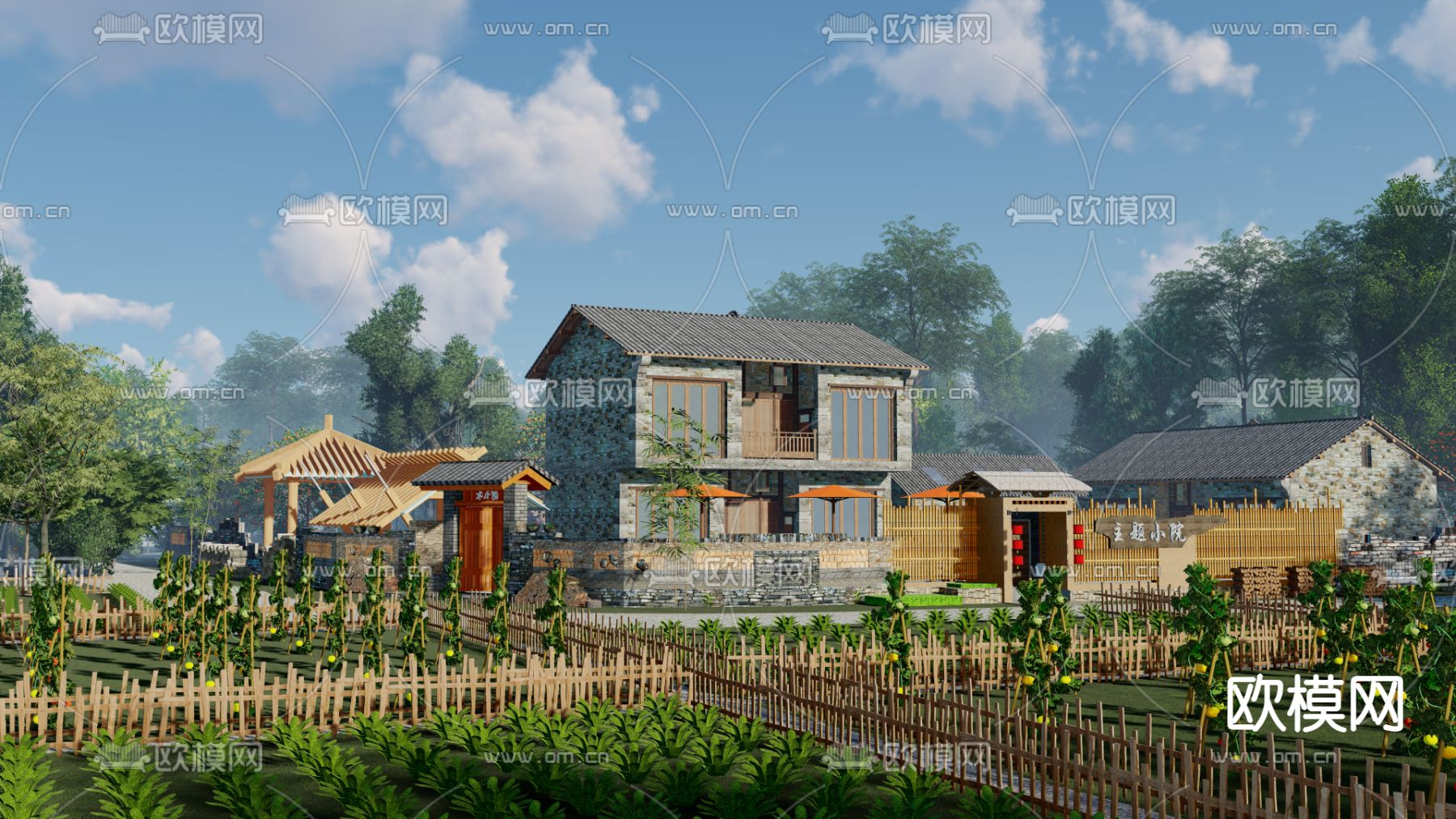 中式美丽乡村su模型下载（渲染图1）