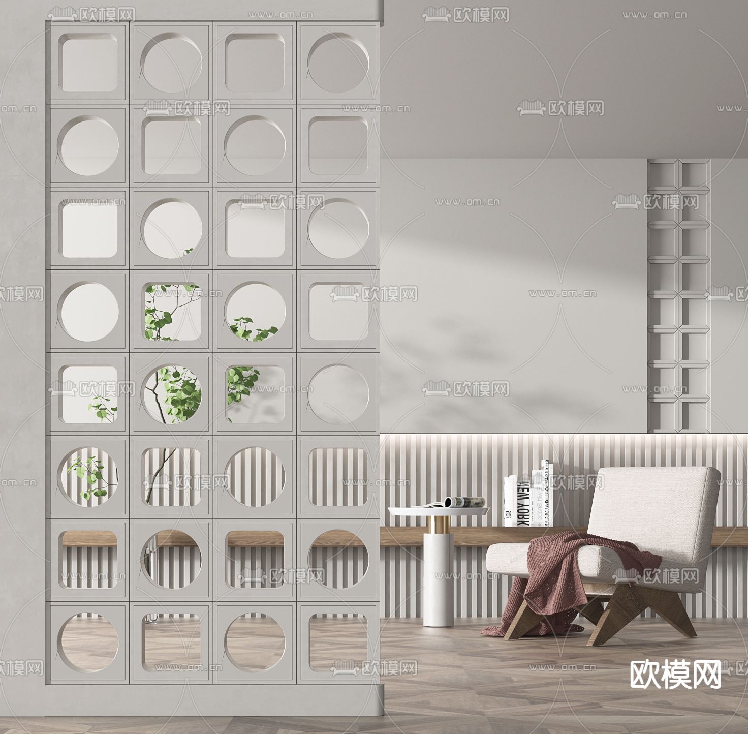 侘寂风屏风隔断3d模型下载（渲染图4）