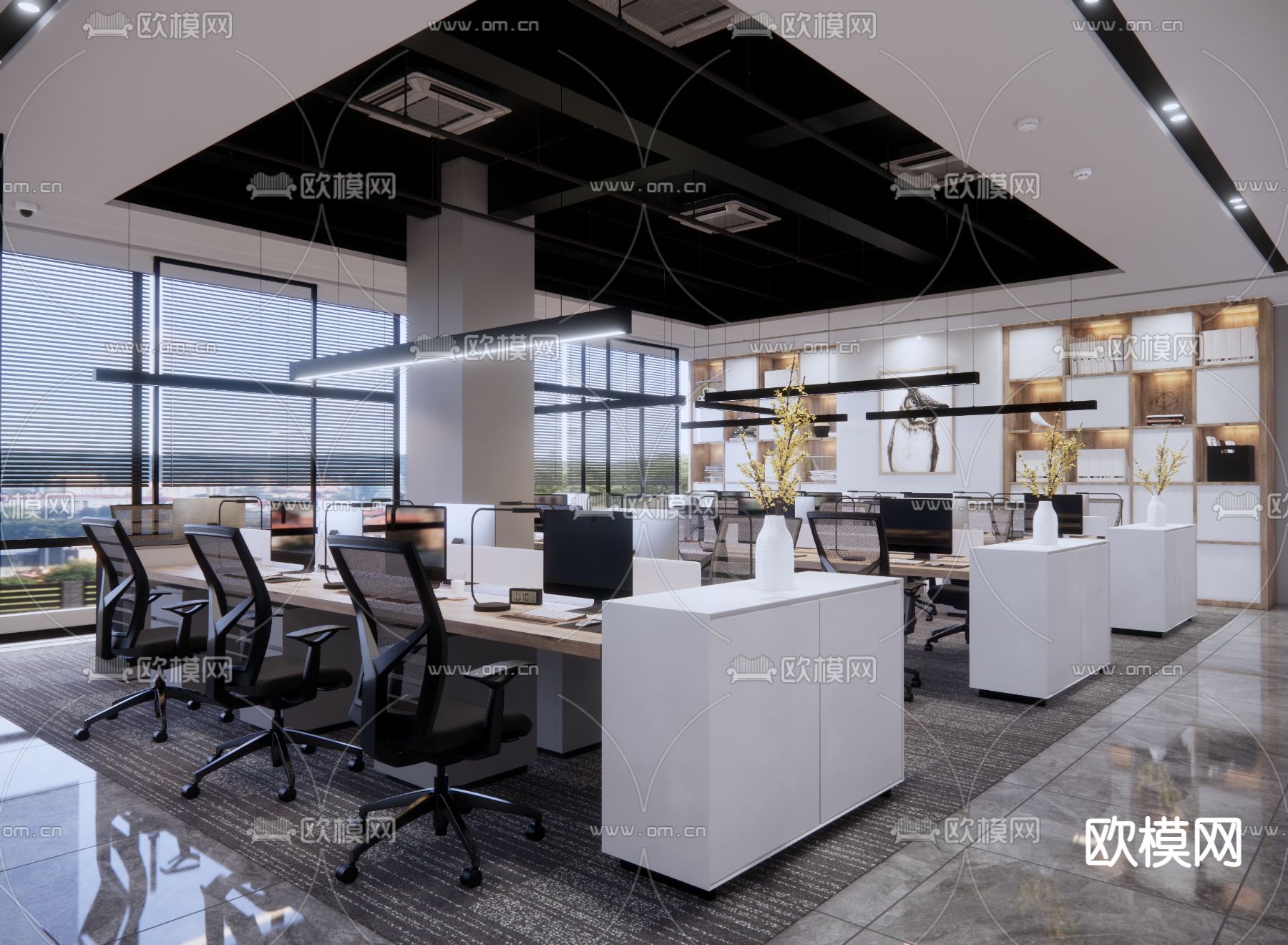 现代开放式办公区su模型下载（渲染图1）