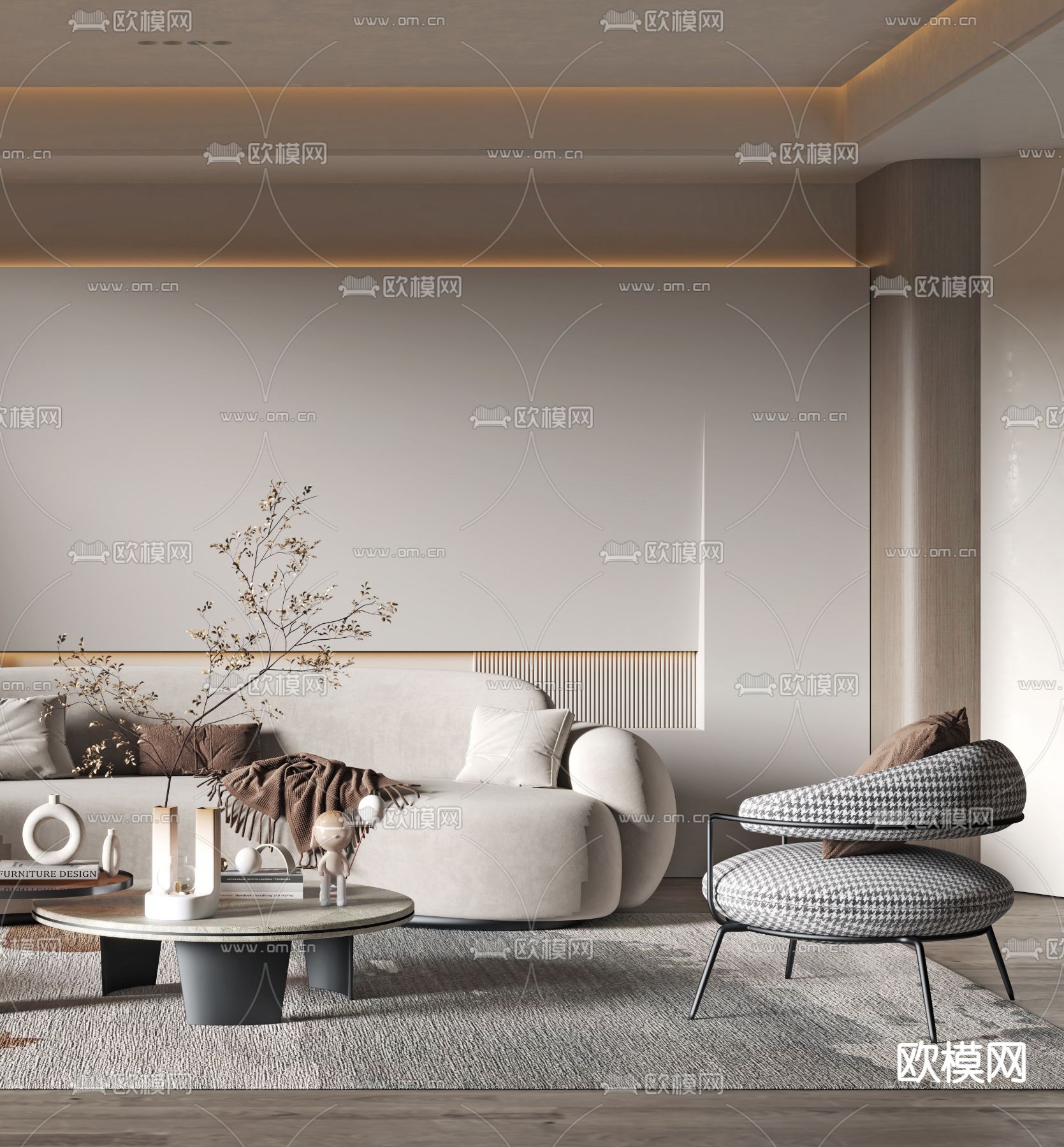 侘寂布艺沙发组合3d模型下载（渲染图3）