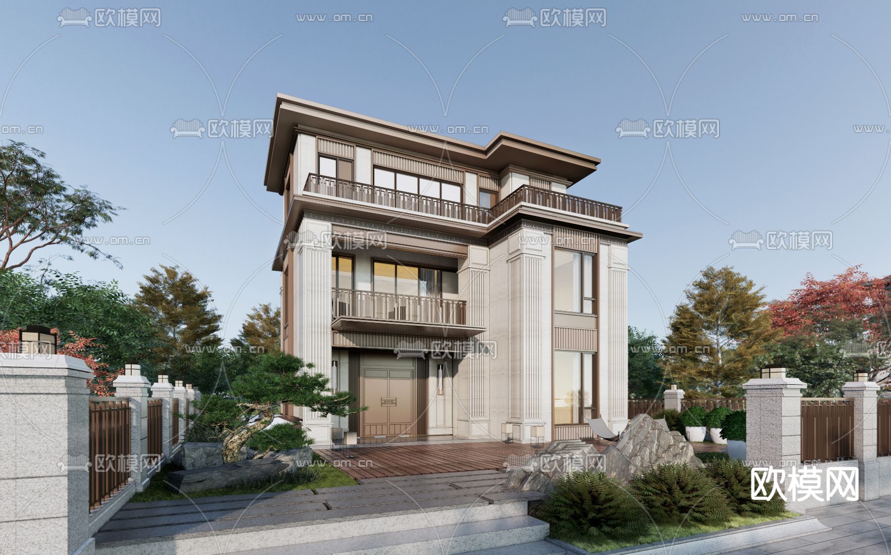新中式独栋别墅外观su模型下载（渲染图2）