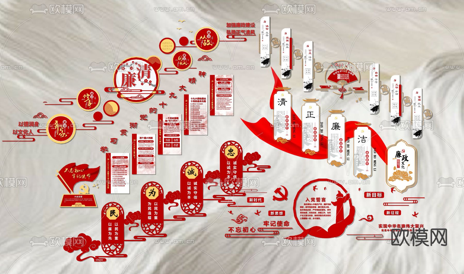 现代党建文化墙su模型