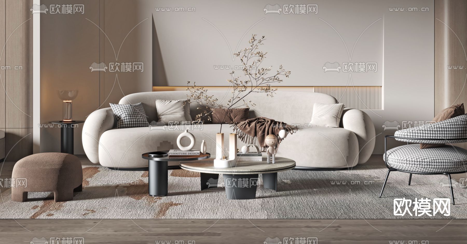 侘寂布艺沙发组合3d模型下载（渲染图4）