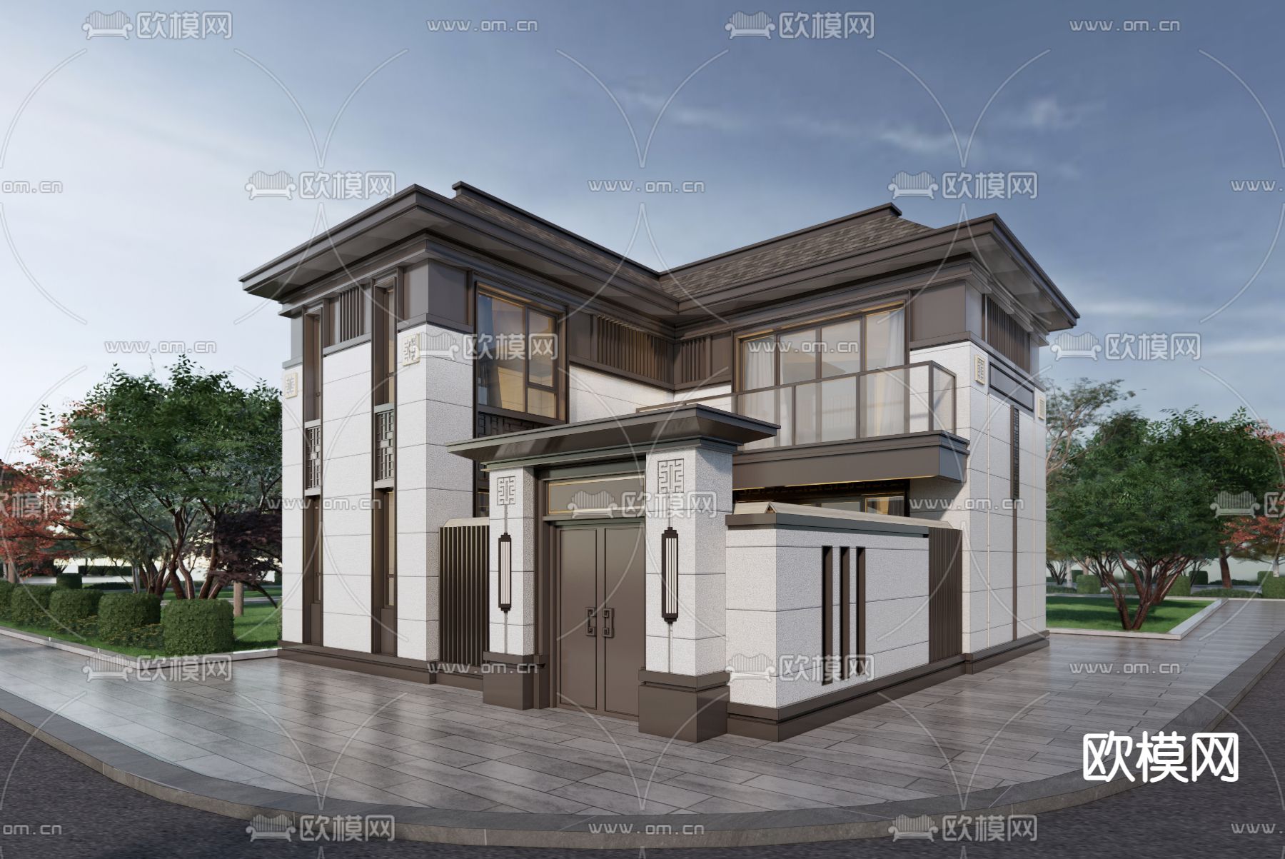 新中式别墅外观su模型下载_ID11818630_sketchup模型下载-欧模网