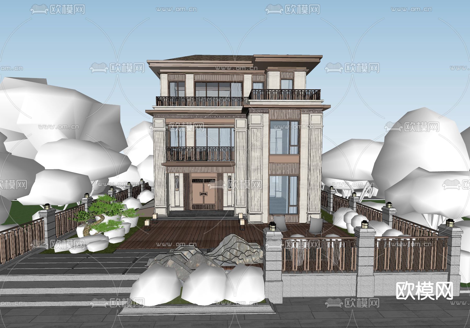 新中式独栋别墅外观su模型下载（渲染图3）