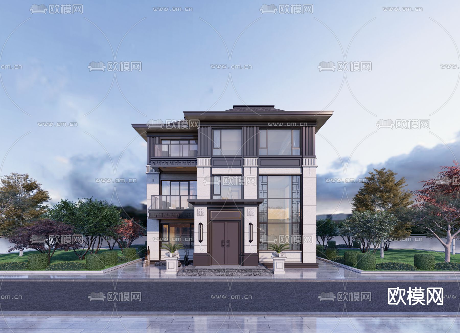 新中式独栋别墅外观su模型下载（渲染图1）