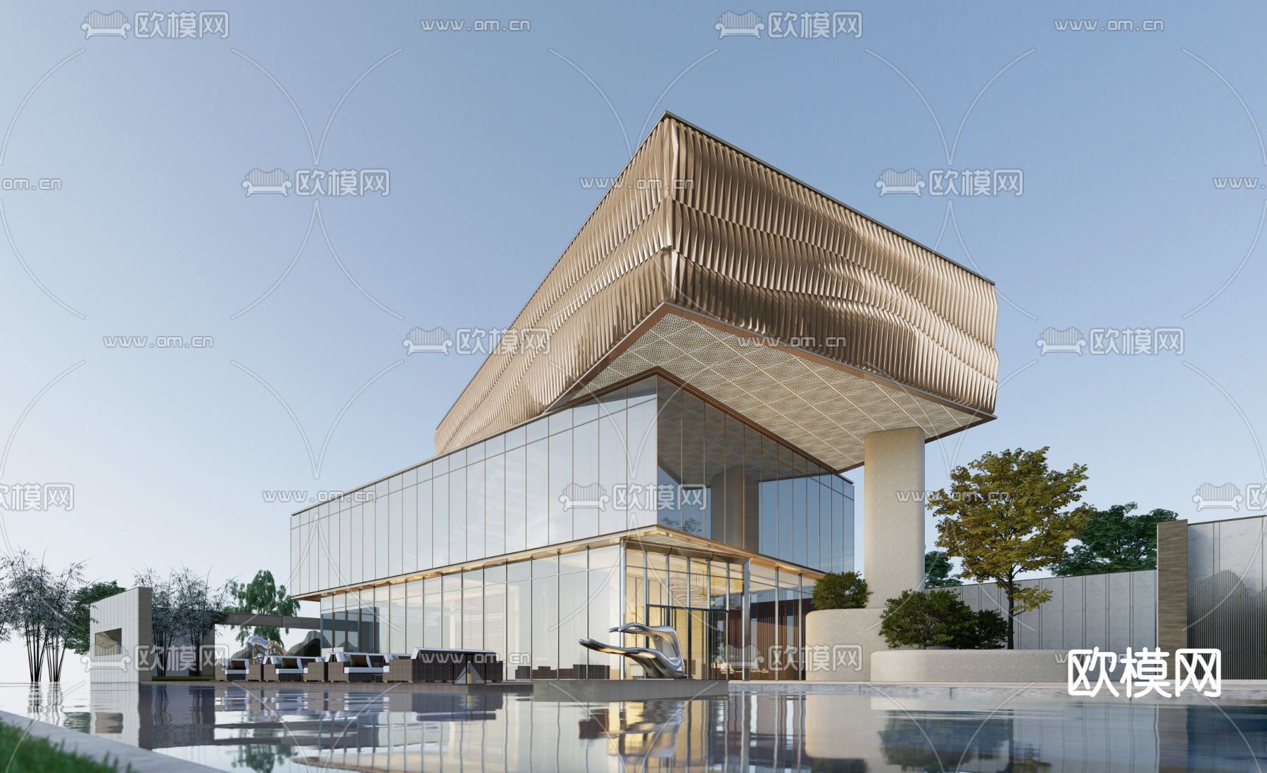 现代售楼处外观su模型下载（渲染图1）
