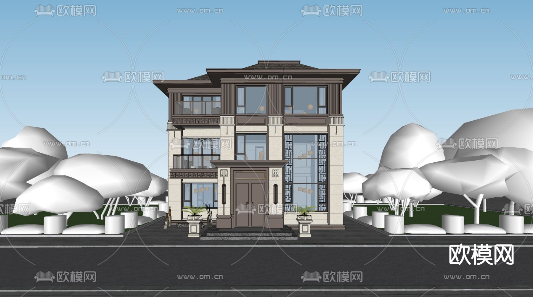 新中式独栋别墅外观su模型下载（渲染图3）