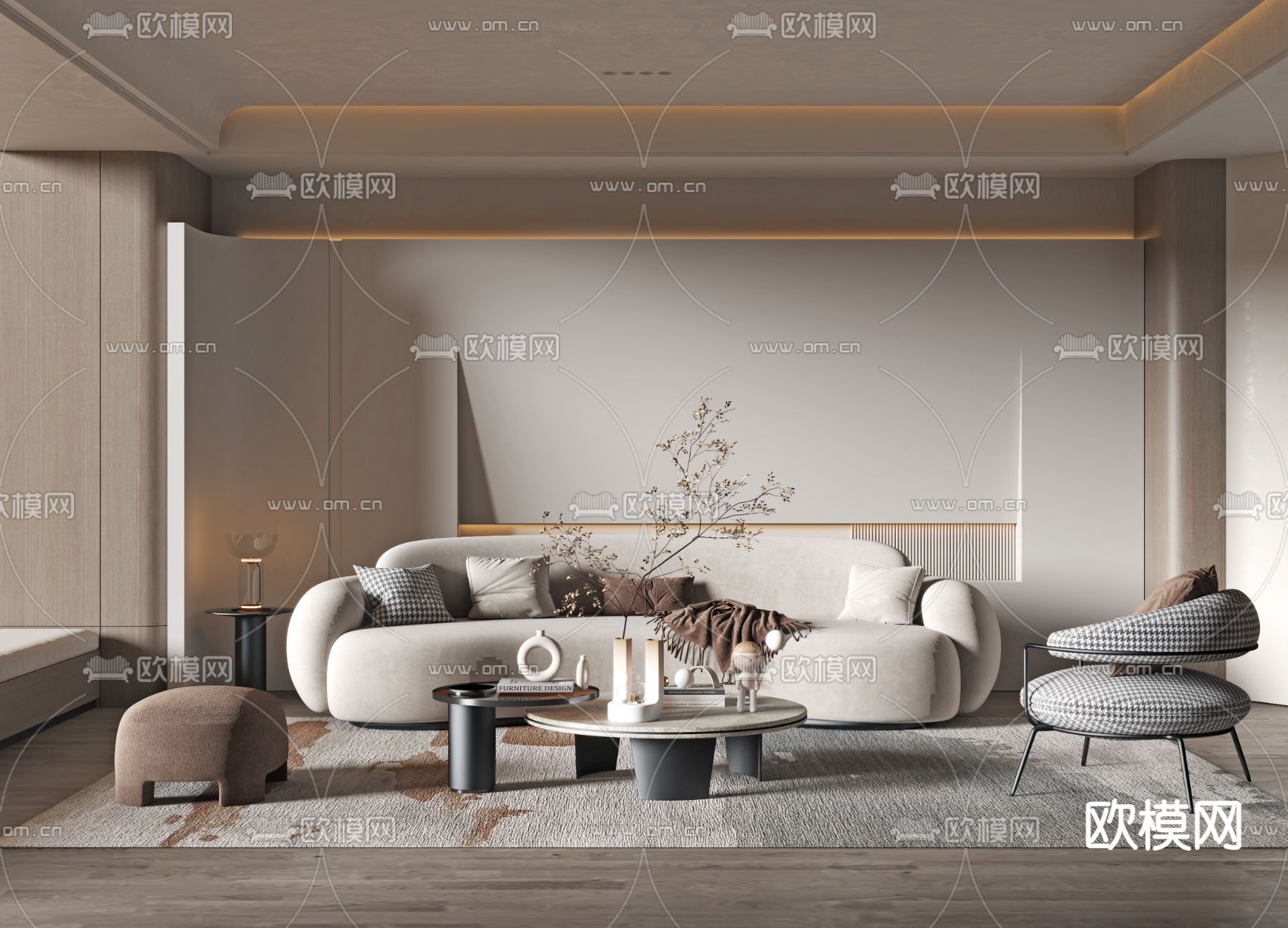 侘寂布艺沙发组合3d模型下载（渲染图1）