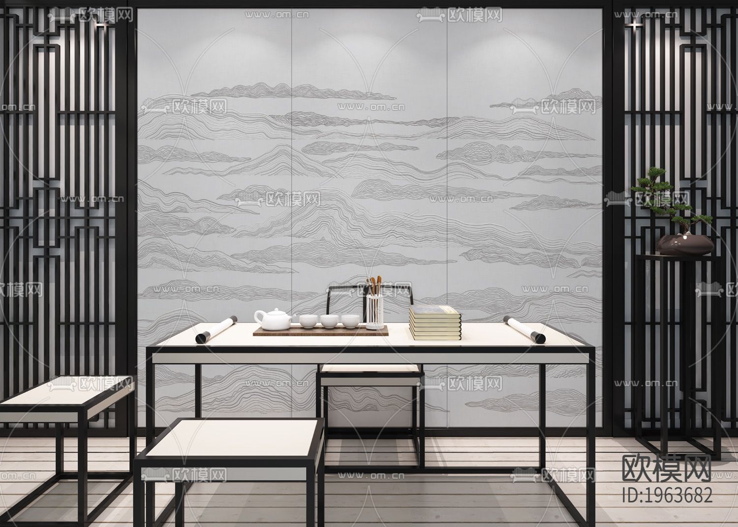 新中式立体精雕立体墙纸下载（渲染图6）