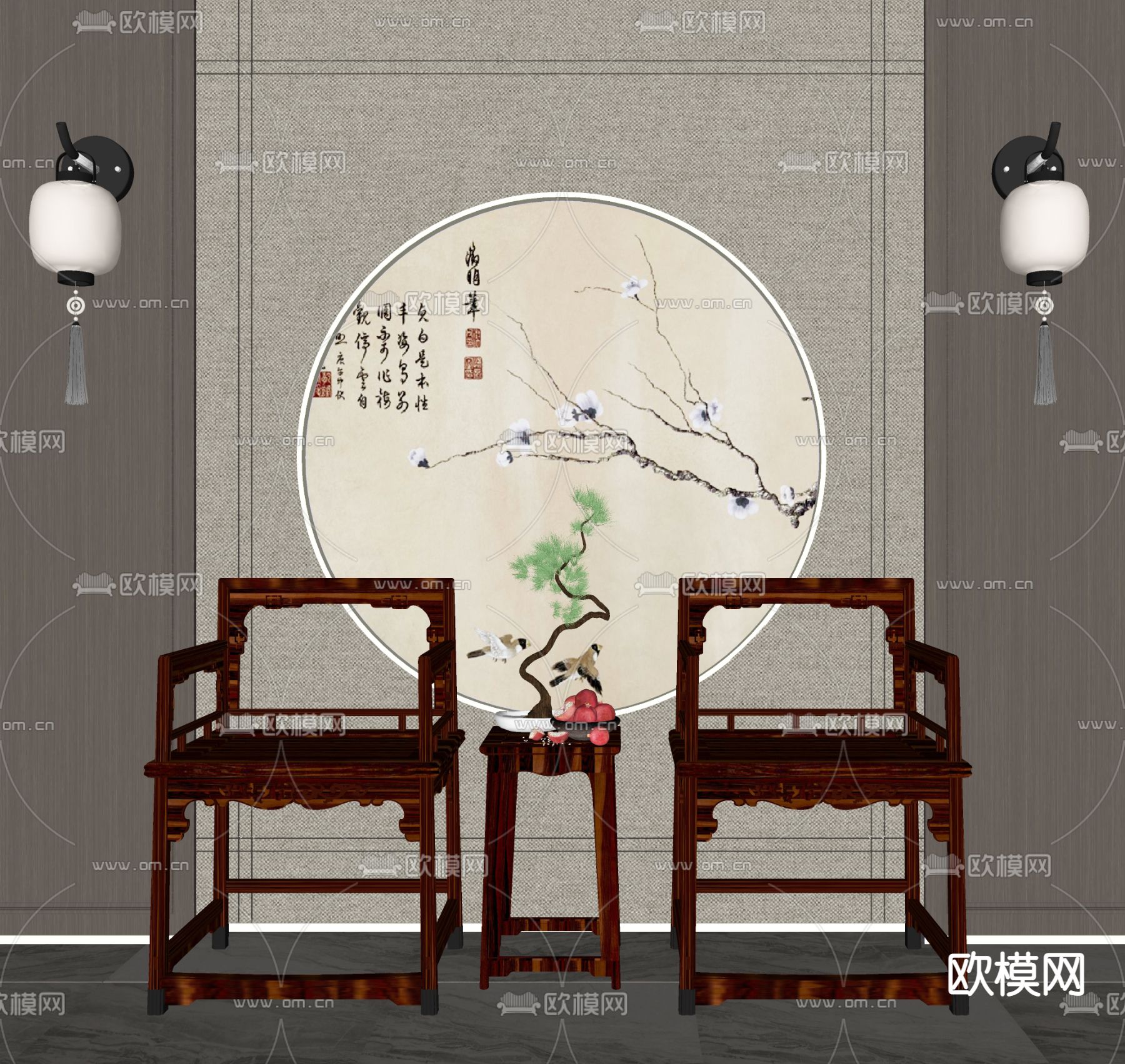 新中式实木太师椅su模型下载（渲染图2）