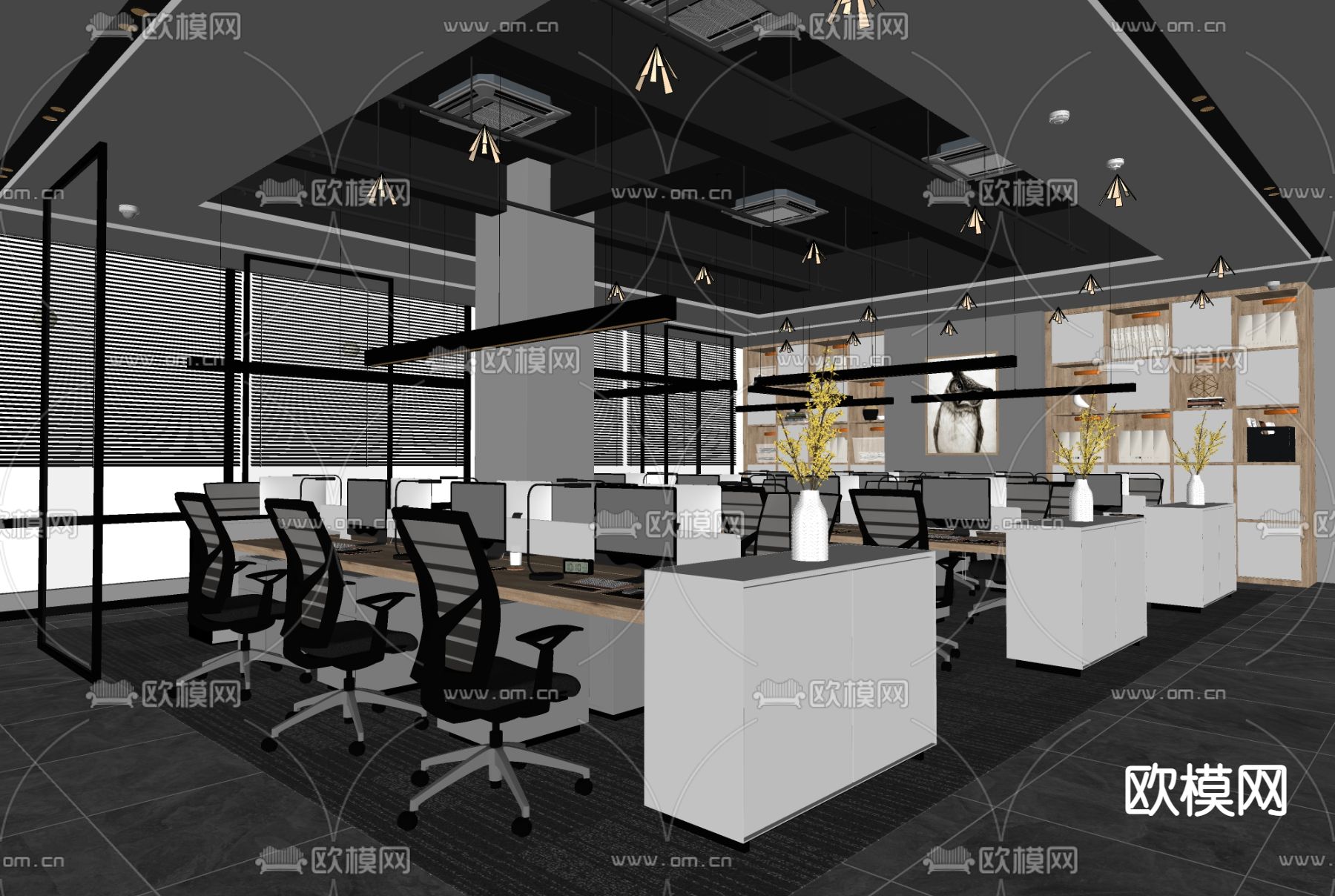 现代开放式办公区su模型下载（渲染图2）