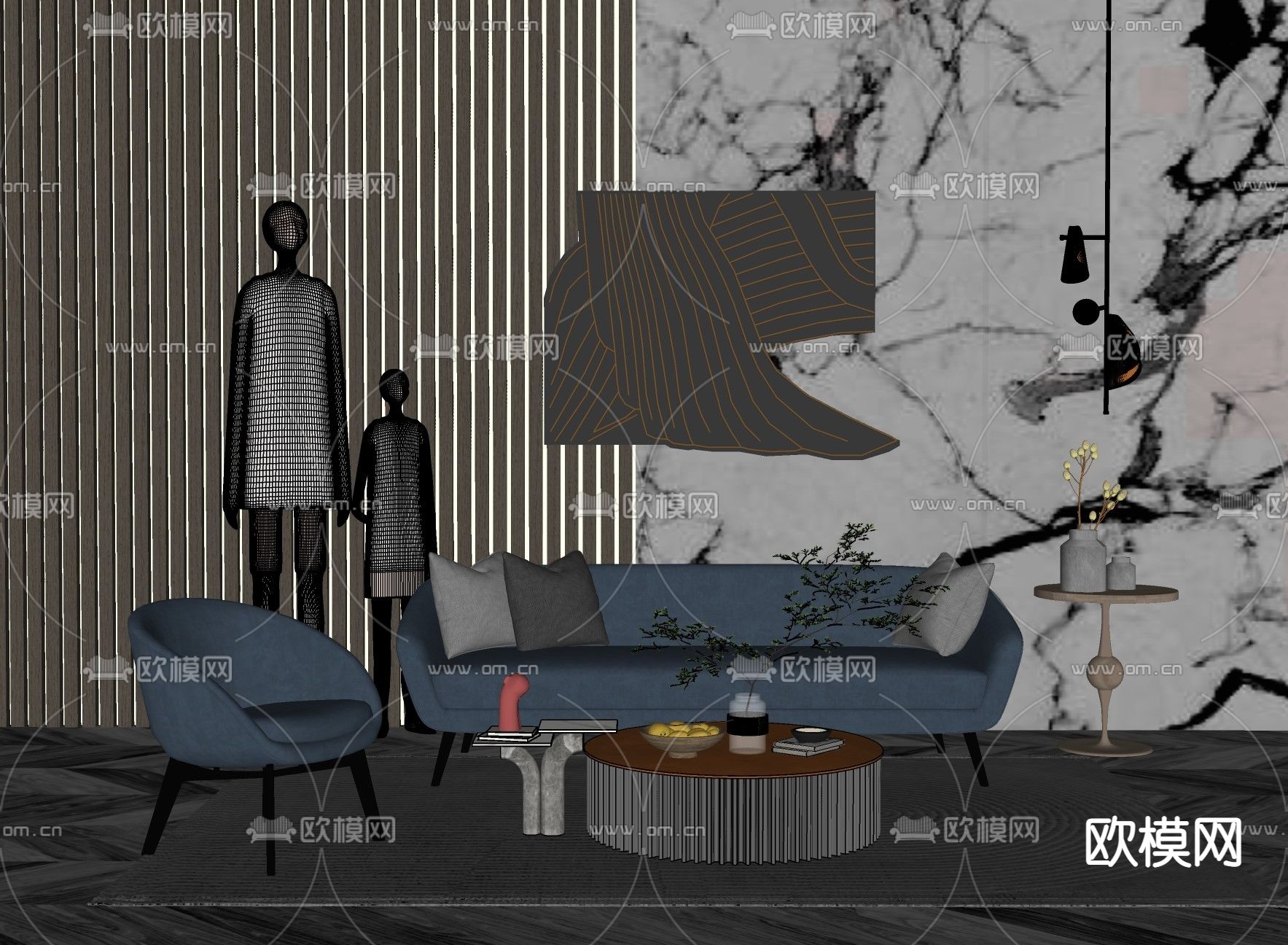 北欧布艺双人沙发su模型下载（渲染图2）