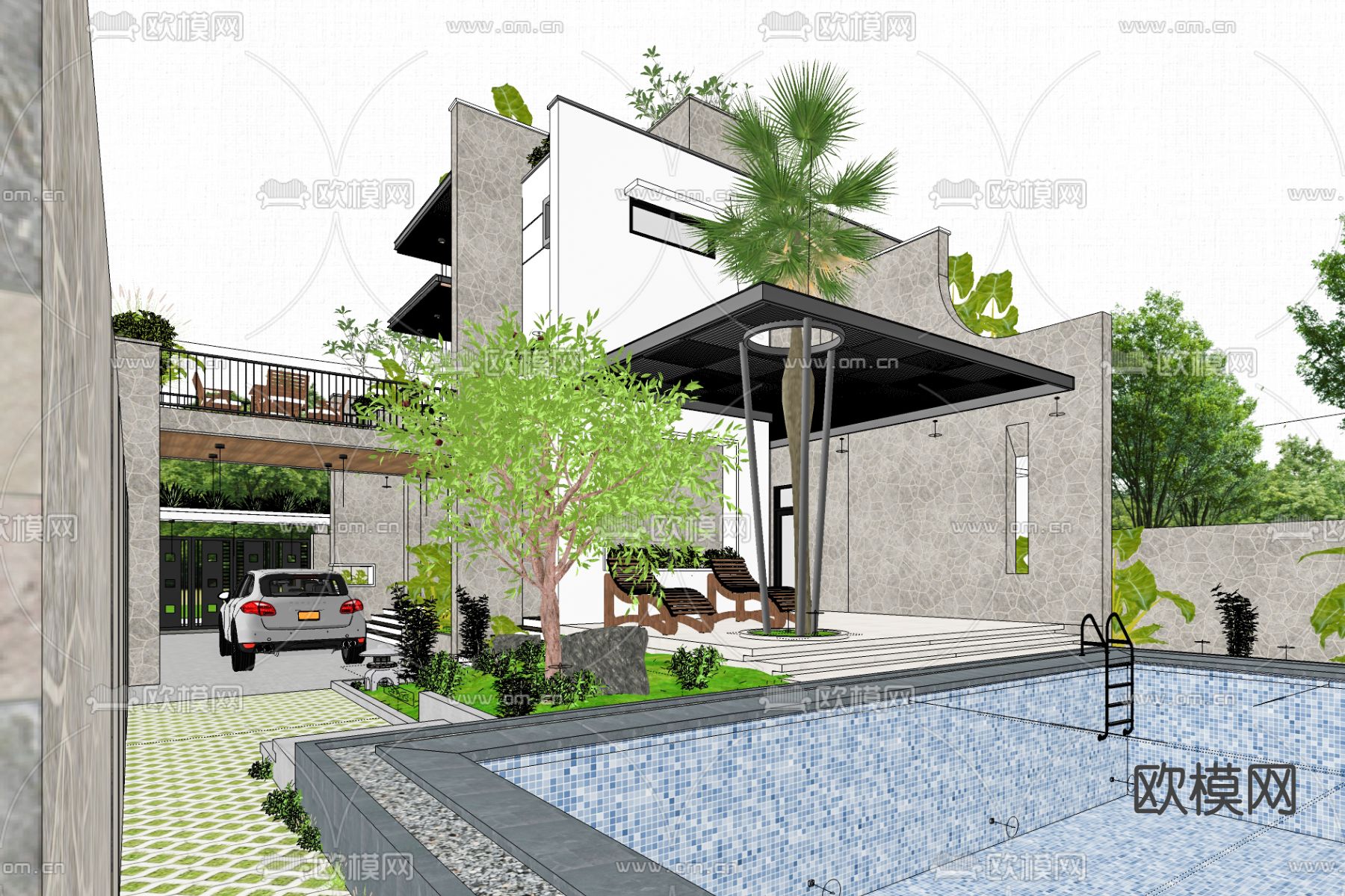 现代独栋别墅外观su模型下载（渲染图2）