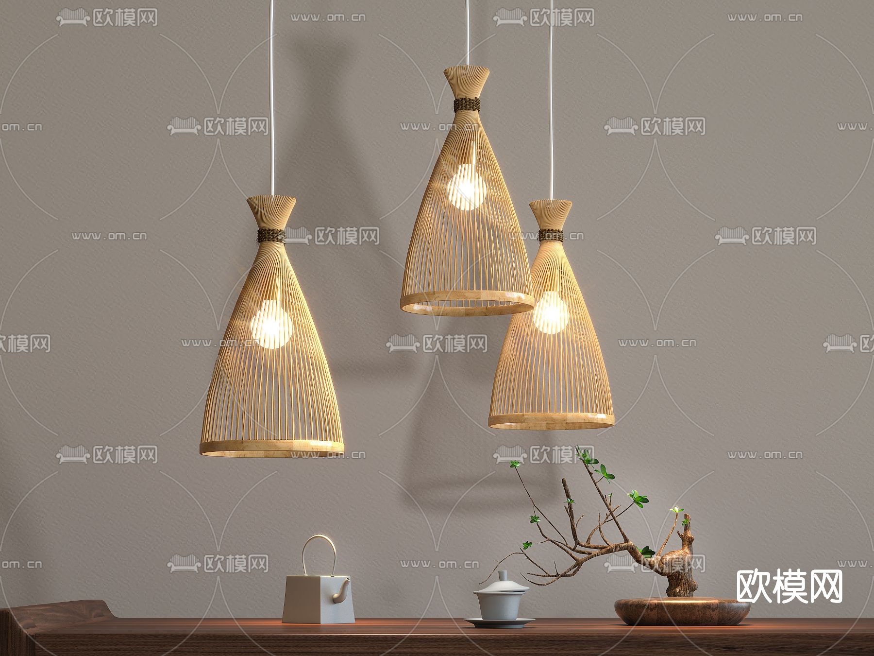 日式藤编小吊灯3d模型下载