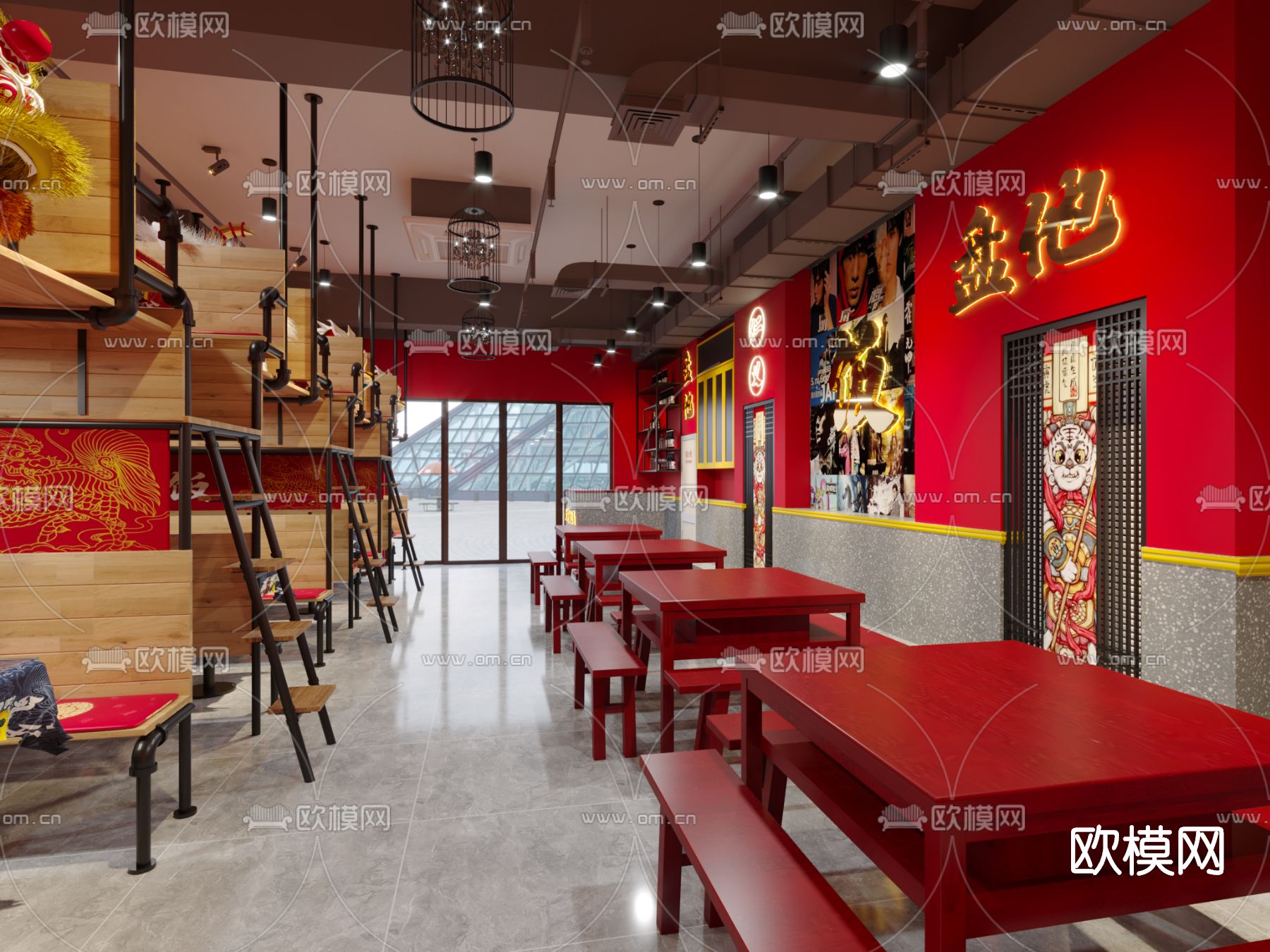 中式国潮餐厅3d模型下载（渲染图2）