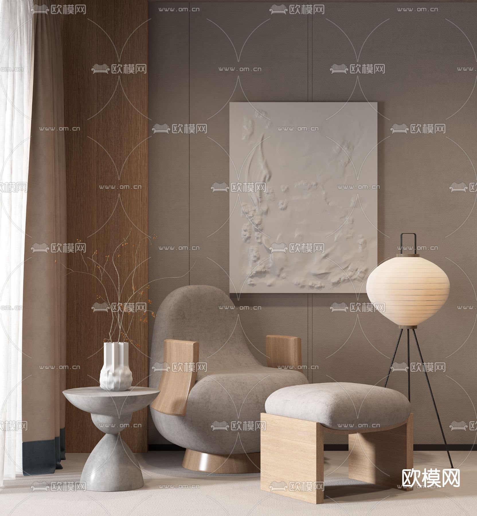 侘寂布艺休闲沙发3d模型下载