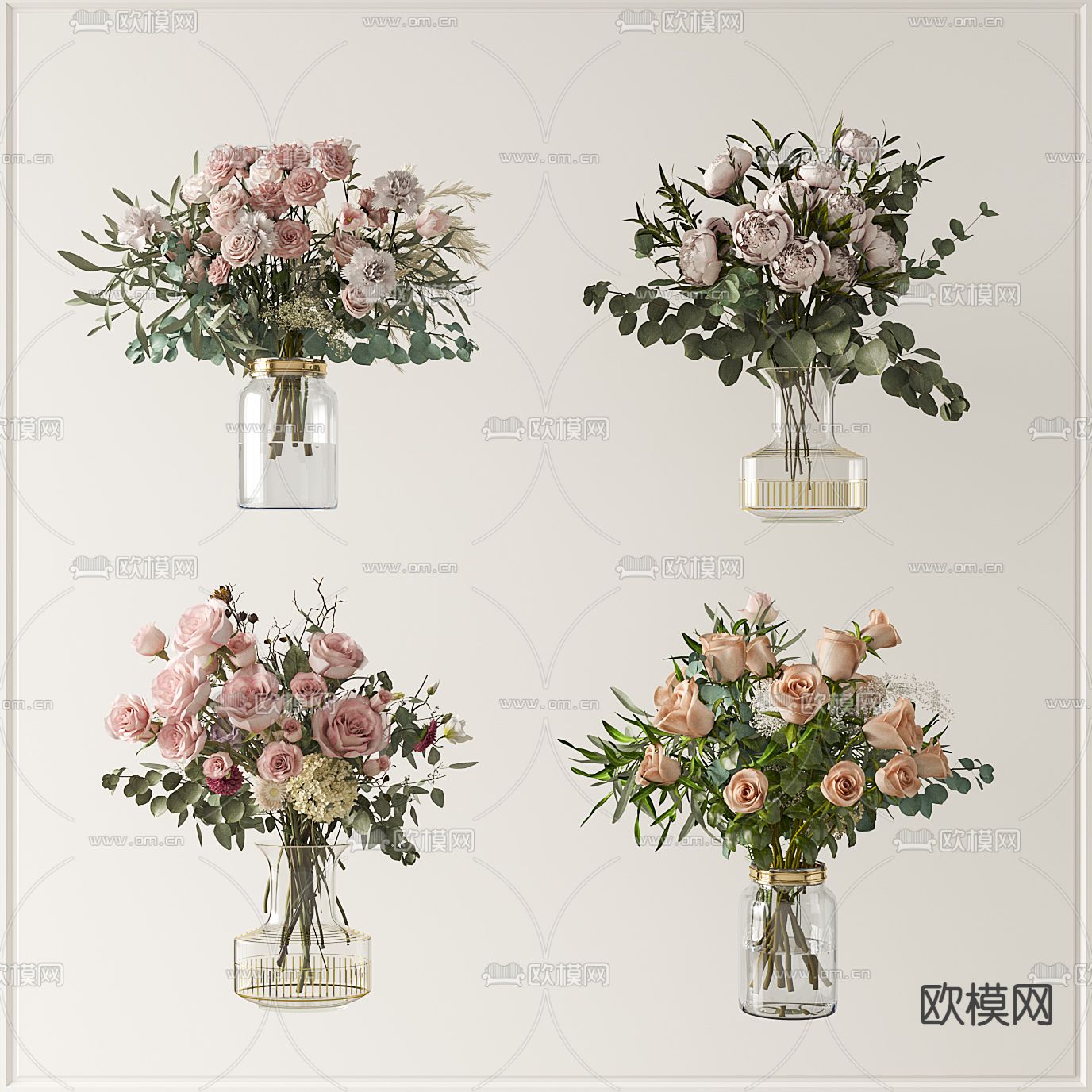 现代玫瑰花花瓶花艺3d模型下载