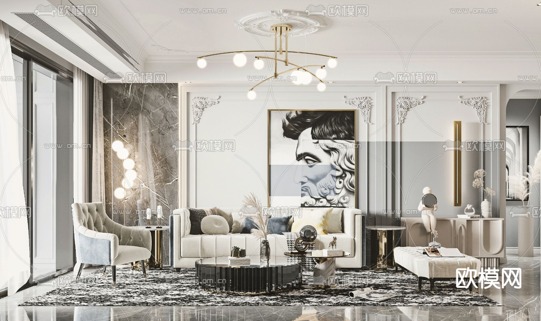 简欧布艺沙发组合3d模型下载