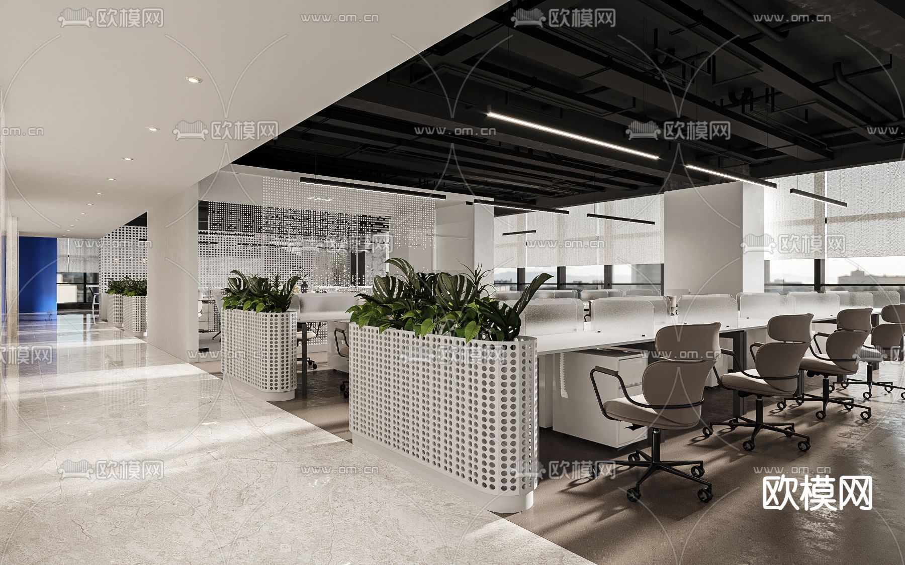 现代敞开式办公区3d模型下载_ID11822675_3dmax免费模型-欧模网