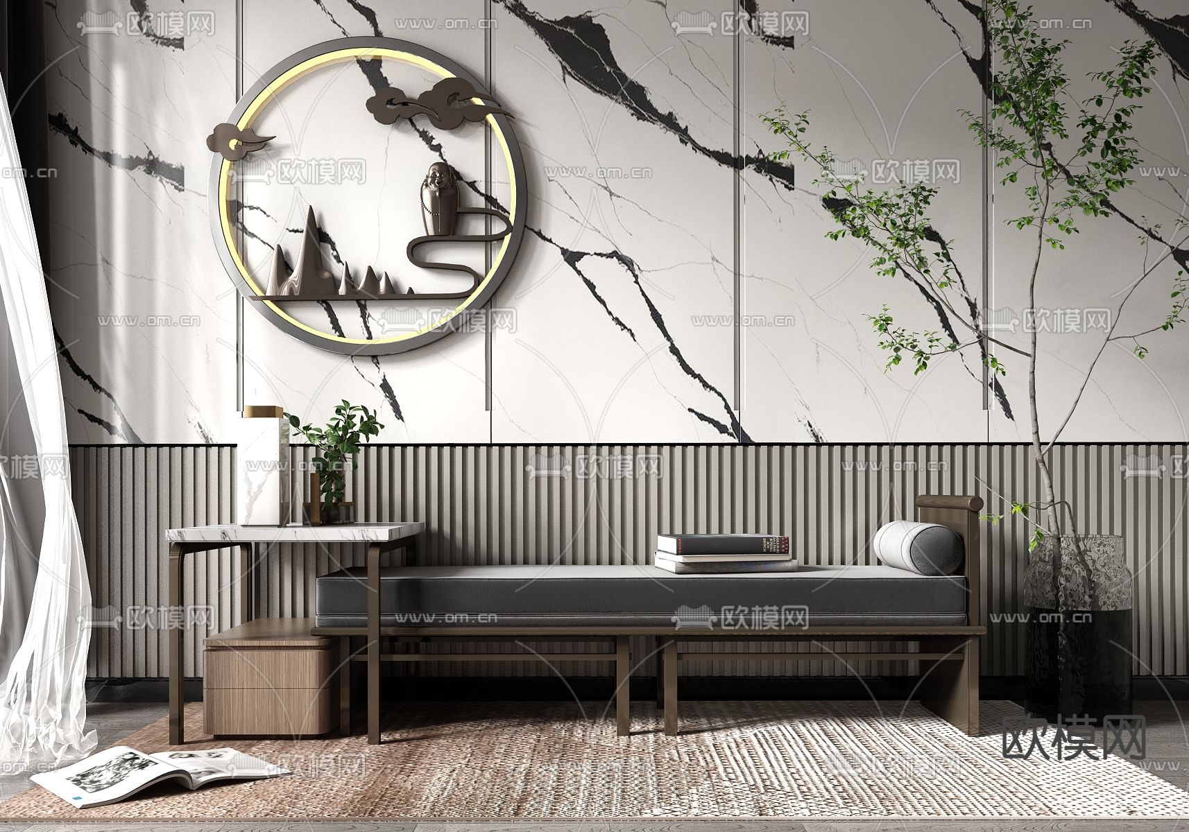 新中式布艺床尾凳脚踏3d模型下载