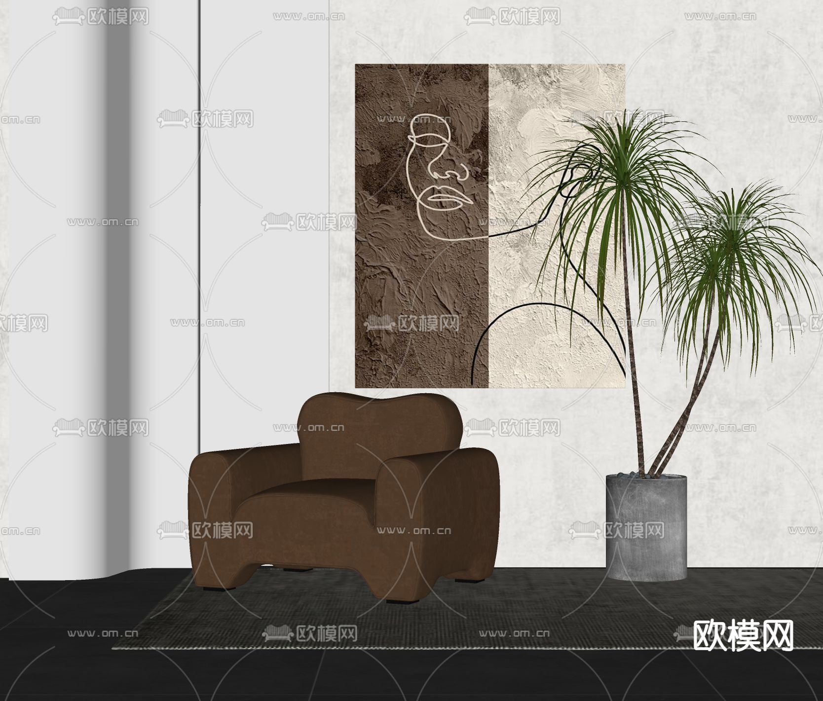 侘寂风布艺休闲沙发su模型下载（渲染图2）