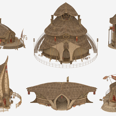  新中式艺术茅草屋su模型 