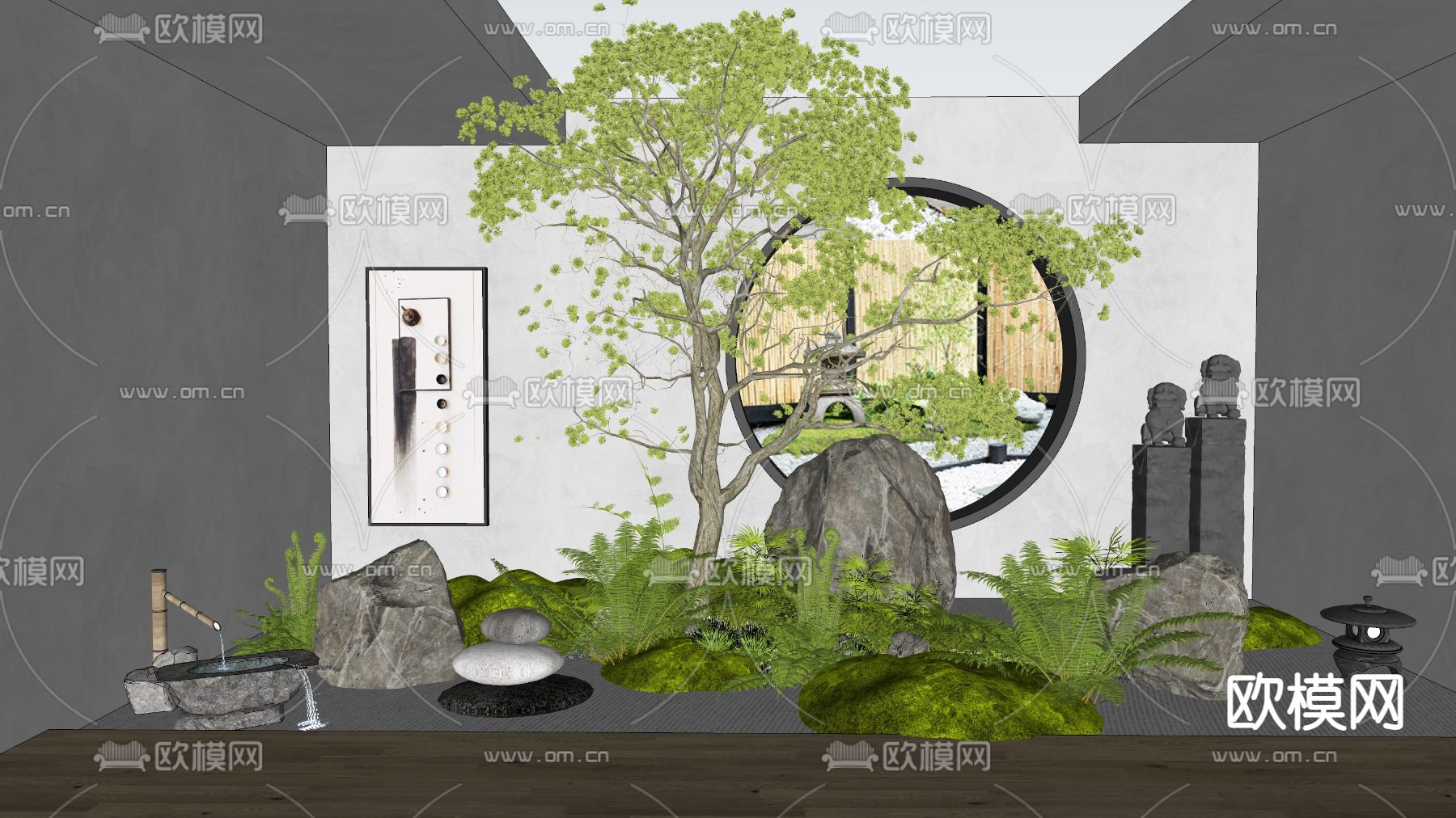 新中式庭院中庭景观su模型下载（渲染图2）