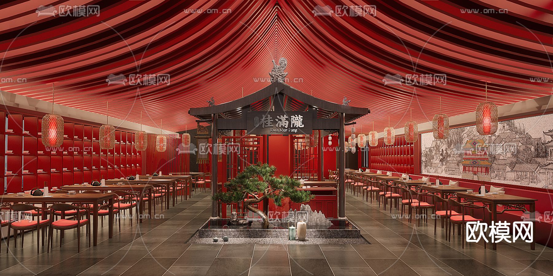 新中式餐厅火锅店su模型下载（渲染图1）