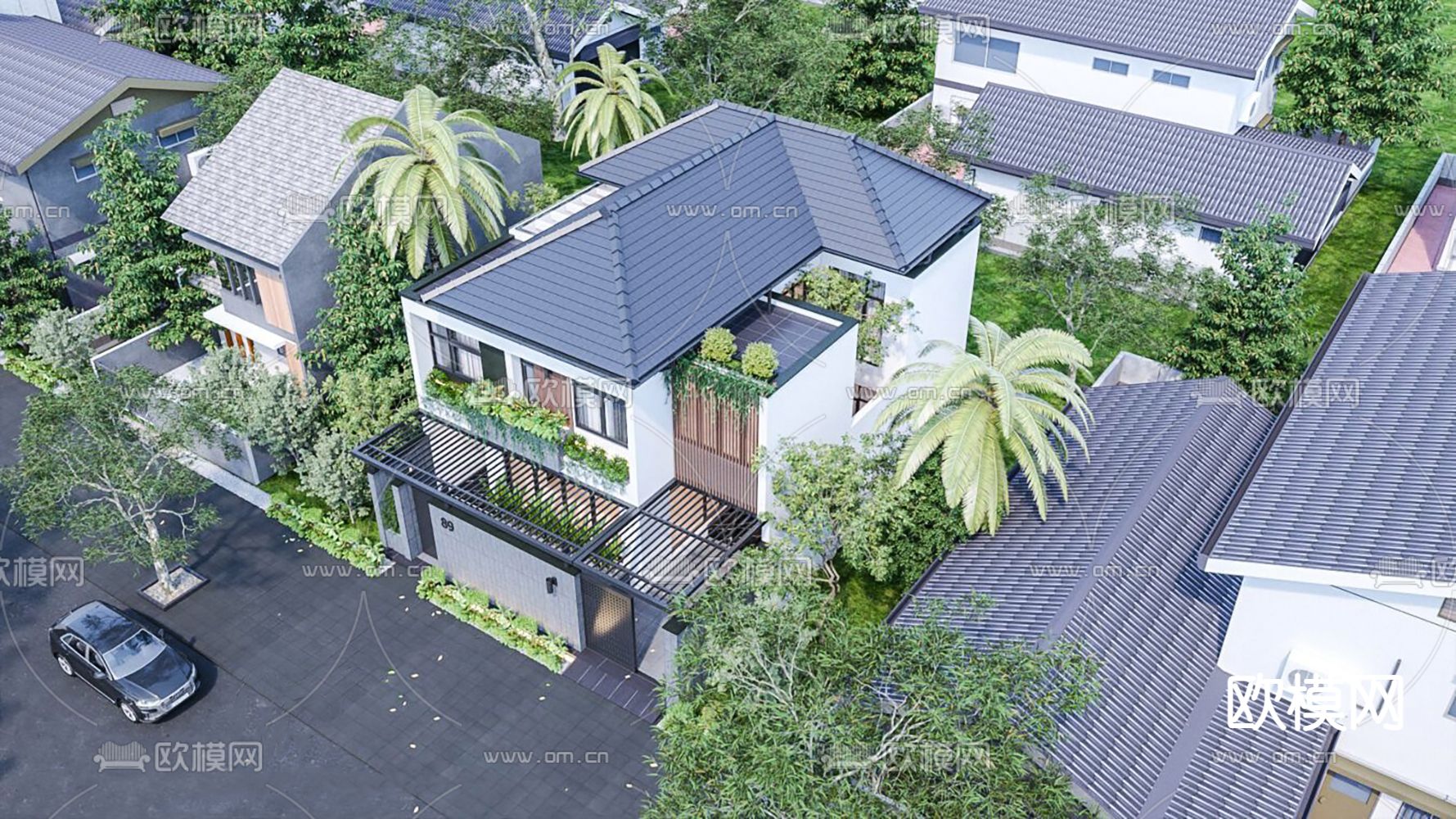 现代独栋别墅su模型下载（渲染图3）