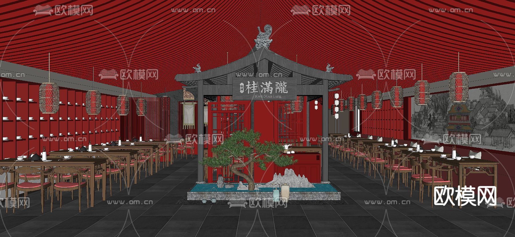 新中式餐厅火锅店su模型下载（渲染图2）