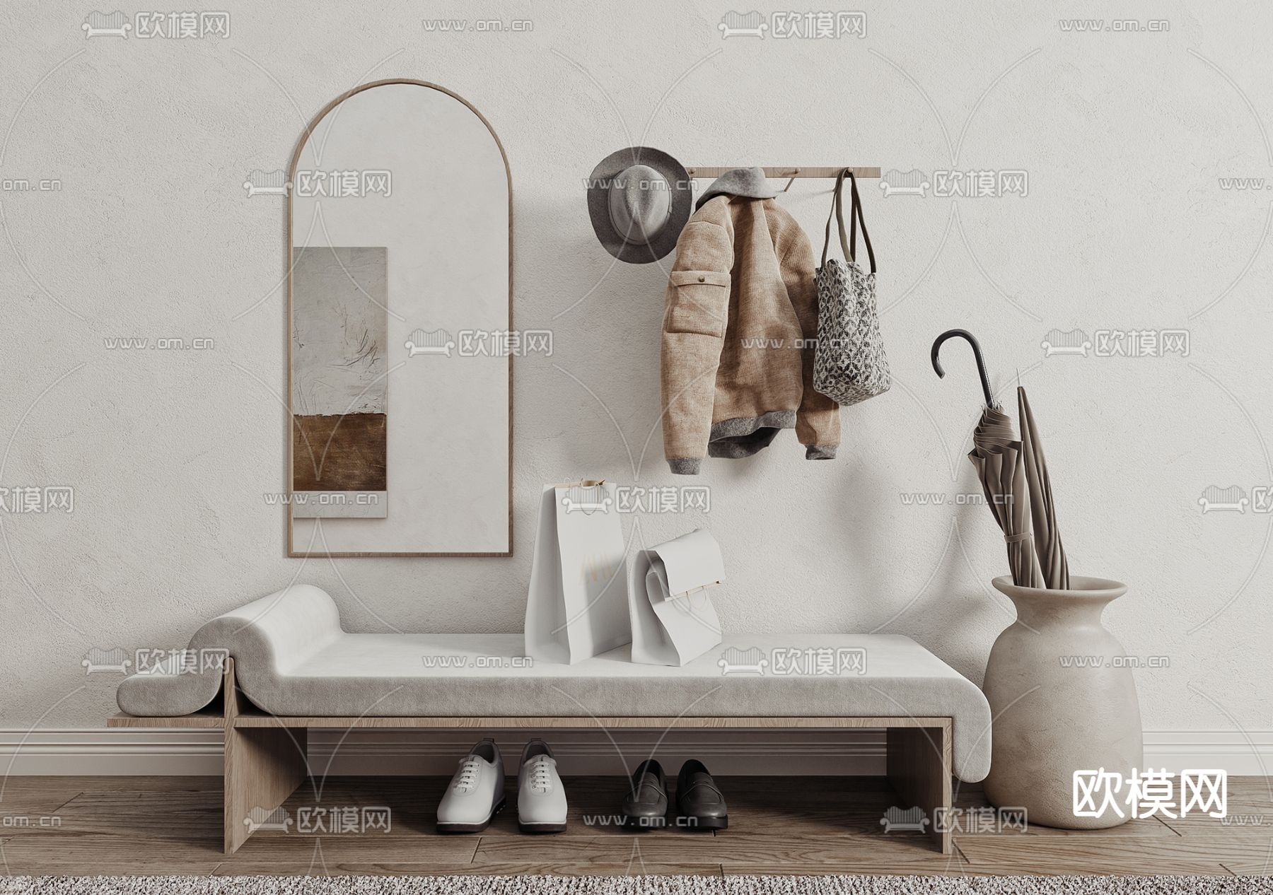 侘寂风布艺换鞋凳3d模型下载